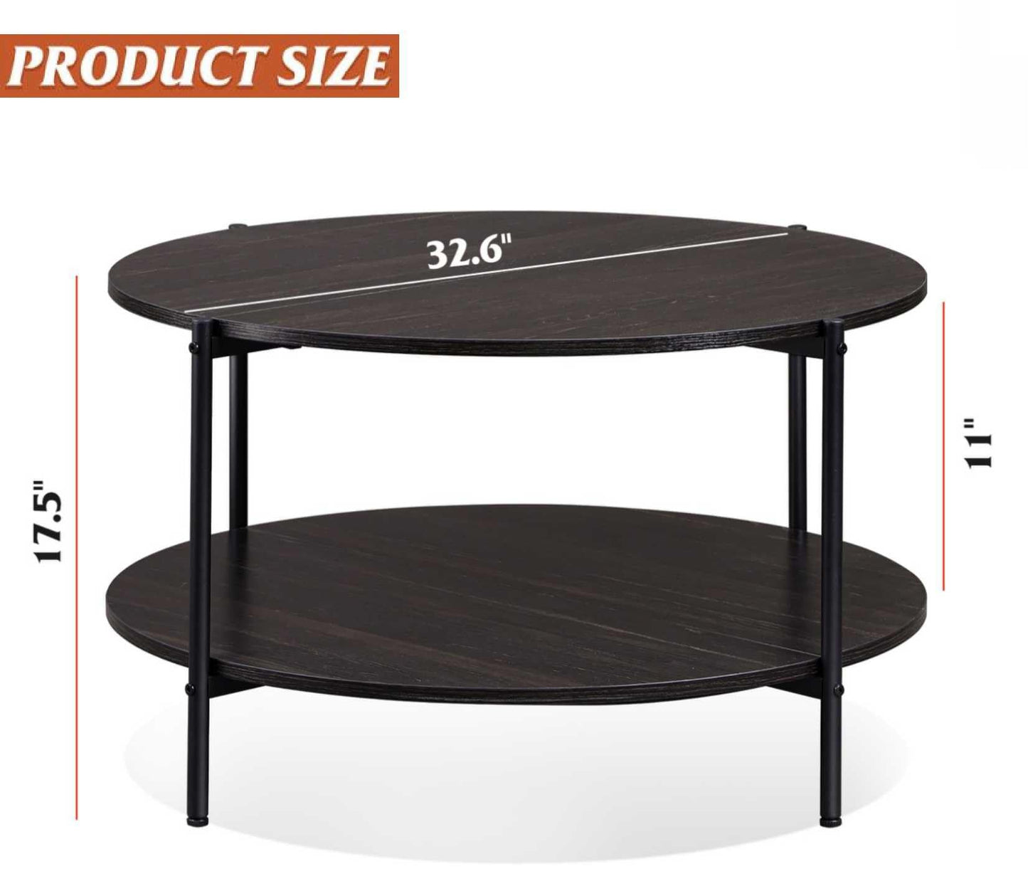 WLIVE Round Coffee Table for Living Room, 32.6" Small Coffee Table with Open Storage Shelf, 2-Tier Industrial Circle Wood Center Table for Bedroom, Home Office, Charcoal Black
