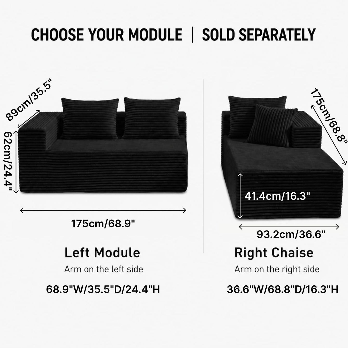 L-Shaped Sectional Sofa Corduroy Couch, All Sponge No Frame No Springs Sofa, Modern Modular Fabric Sofa with Pillows for Living Room Bedroom Apartment (Black（L） Left Module)