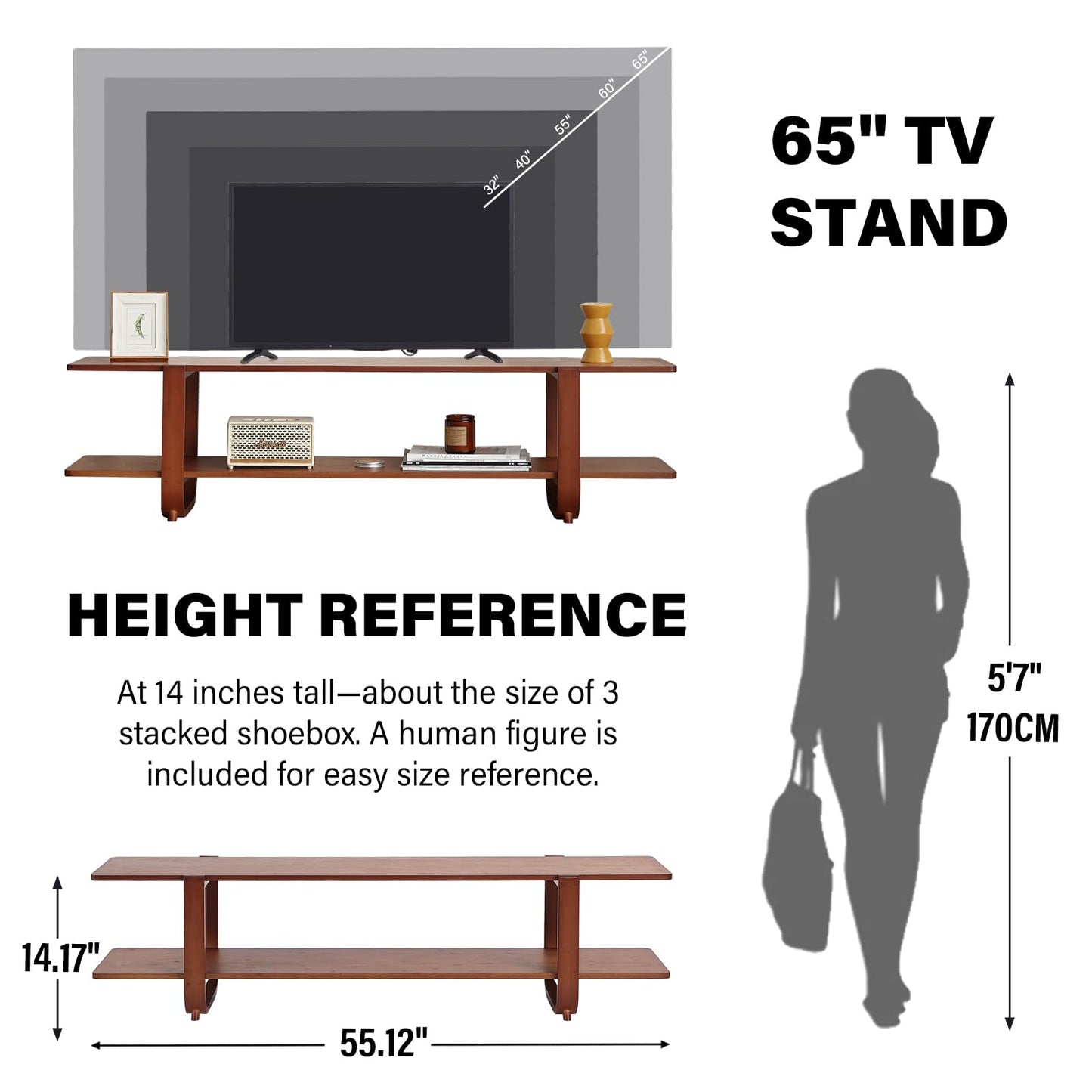 Welnow Low Bamboo TV Stand for Up to 65 Inch, Small Mid Century Modern Entertainment Center with 2-Tier Open Shelves, Walnut Media Console Table for Living Room, Bedroom