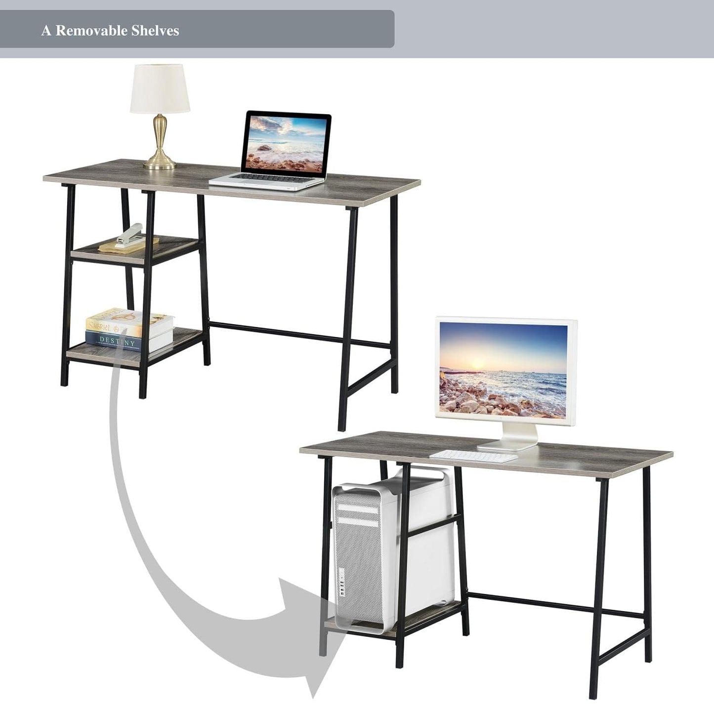 Convenience Concepts Designs2Go Trestle Wood Metal Desk, Weathered Gray/Black