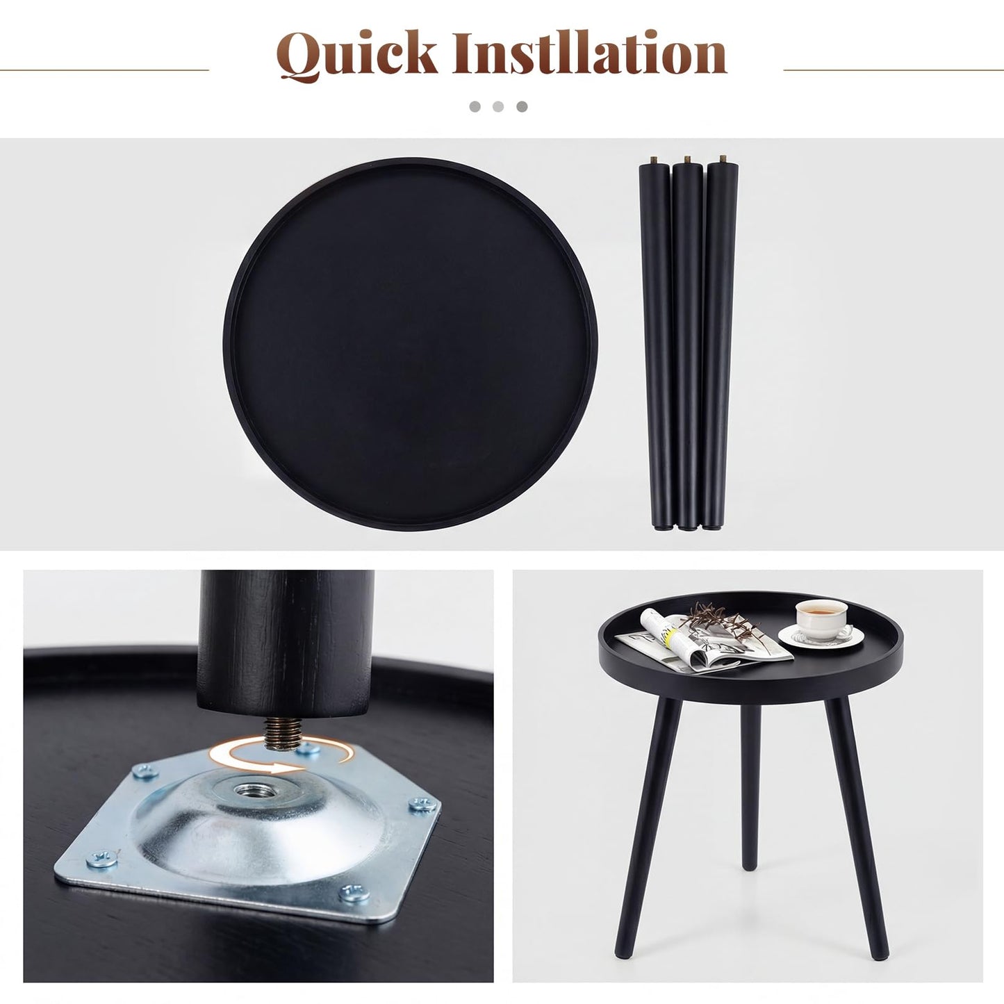 Giantex Round End Table, Mid Century Modern Side Table with Wooden Tray & Bamboo Legs, Sofa Couch Accent Table, Small Coffee Table for Small Space Living Room, Nightstand for Bedroom, Black