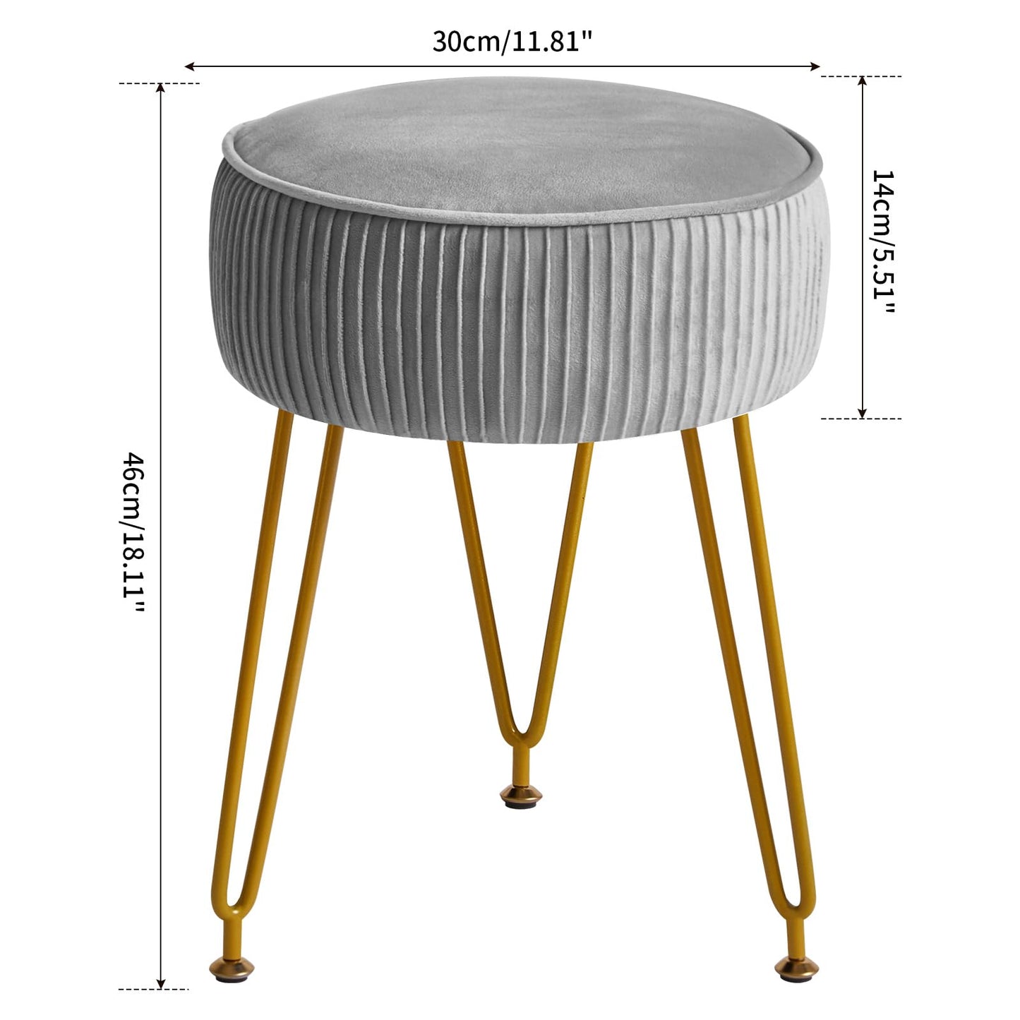 IBUYKE Velvet Round Footrest Ottoman, Makeup Vanity Stool Side Table, Dressing Table Seat, Pouf Couch Stool, Golden Steel Legs, Gray LG-30G