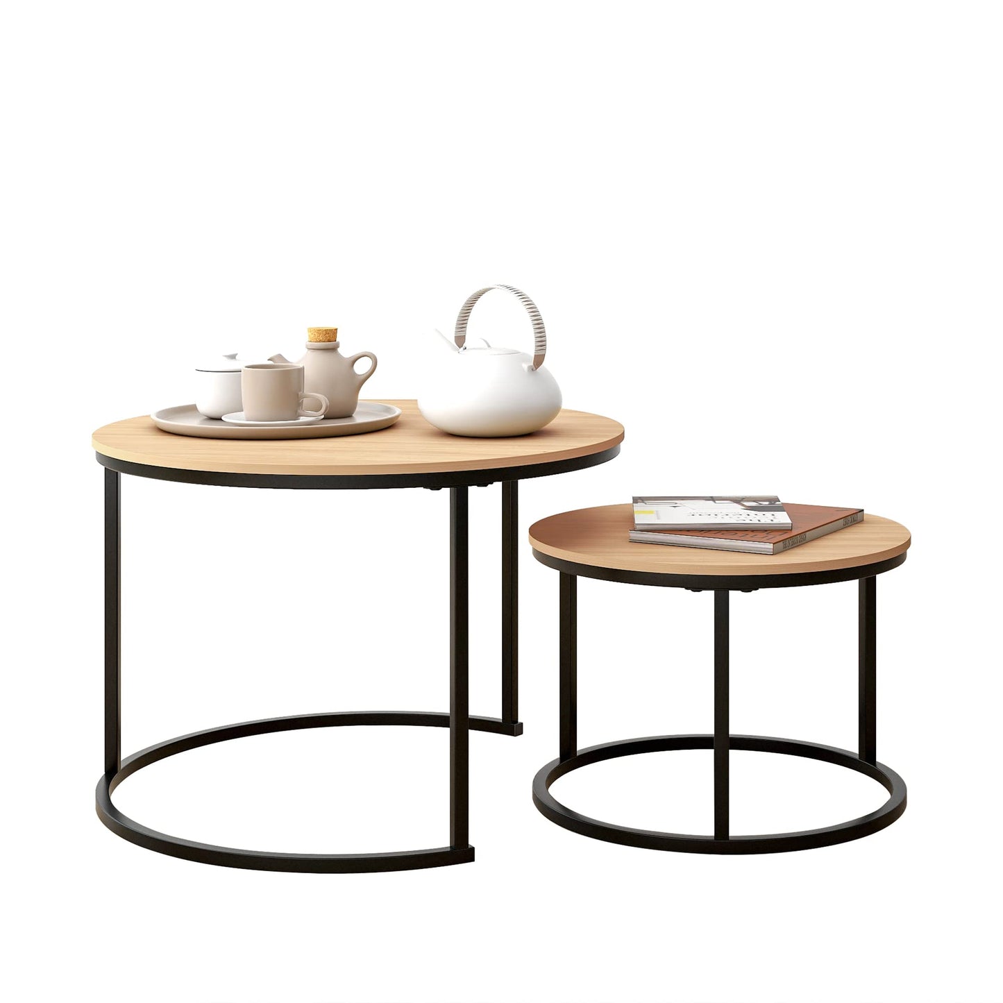 HOJINLINERO Round Coffee Table,Nesting Coffee Table Set of 2,Center Tables for Living Room,Office, Home Small Space,Stacking Side Tables,Sturdy and Easy Assembly,Wood Desktop,Golden+White,Large