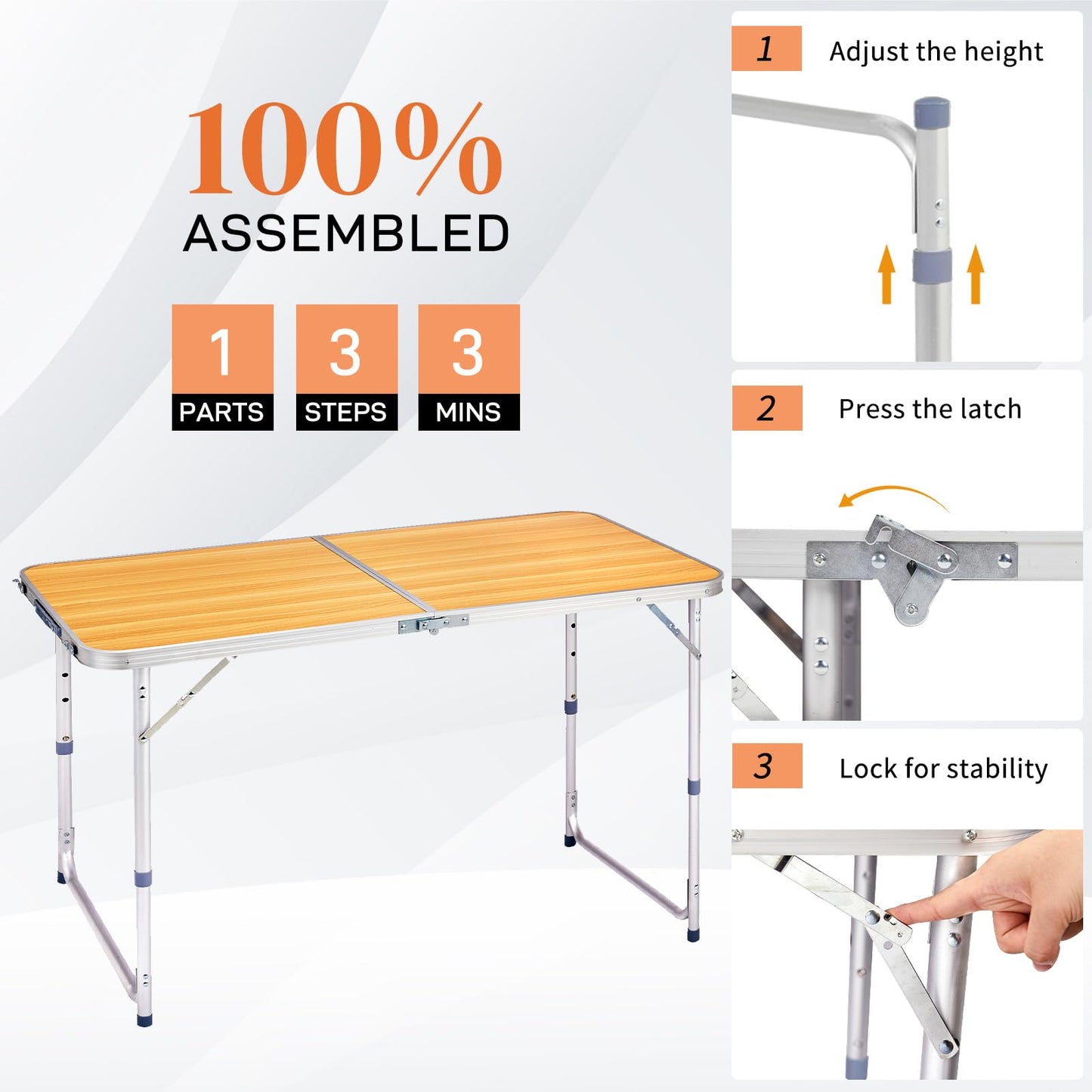 GODECOR 4.0 Ft Folding Portable Camping Table with Three Adjustable Heights, RV Tables for Inside a Camper, Outdoor, BBQ, Dining, Picnic, Beach, Garden, Party, Yellow