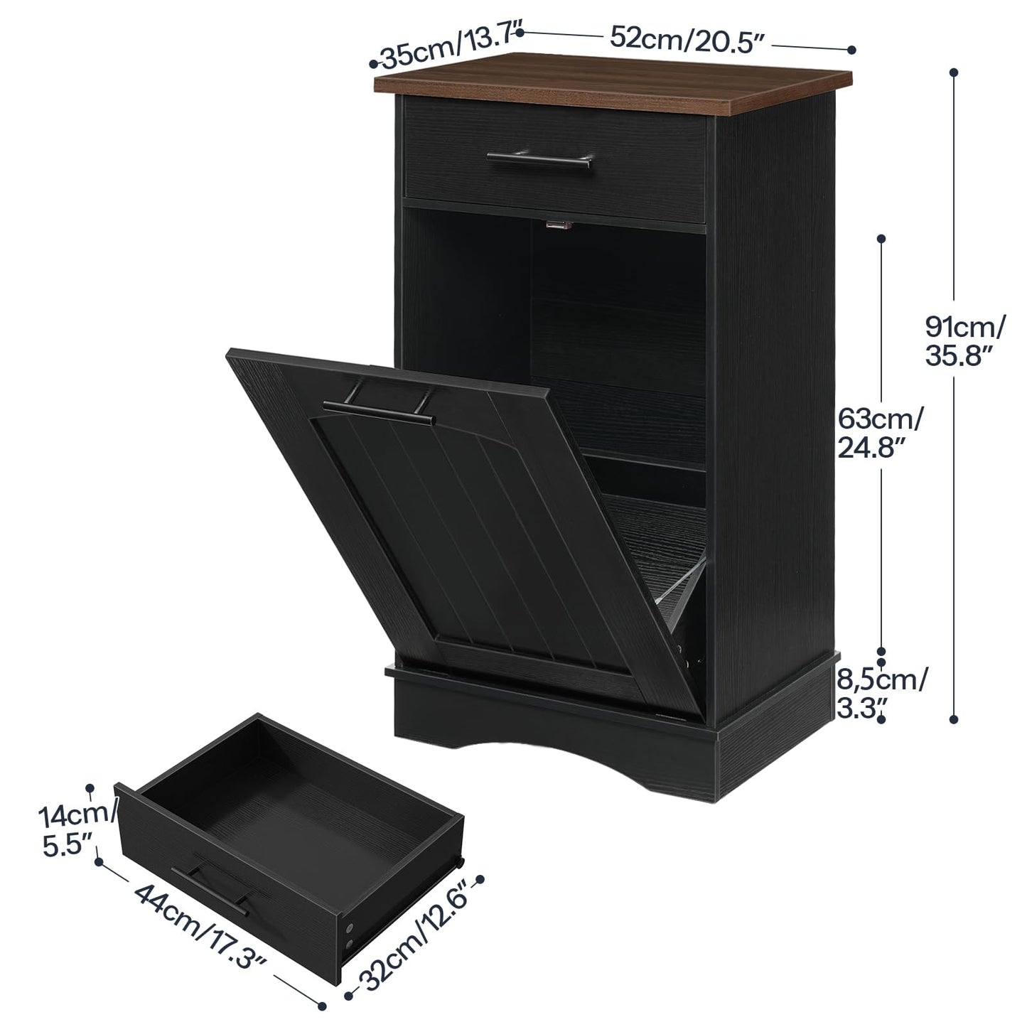 HOOBRO 10 Gallon Tilt Out Trash Cabinet, Kitchen Trash Can, Trash Bin Storage, with Flip Door and Large Drawer, Hidden Laundry Hamper Cabinet, for Kitchen, Laundry, Black and Walnut BH02LJ01