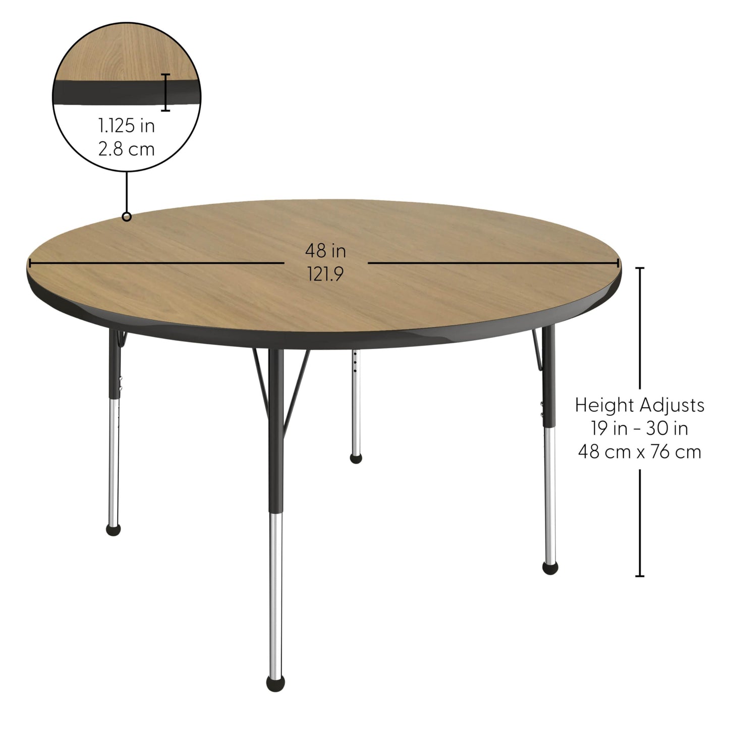 Factory Direct Partners FDP 48" Round Thermofused Classroom Activity Table with Standard Ball Glide Legs, Adjustable Height 19"-30" - Pasadena Oak/Black - 10138-OPBK