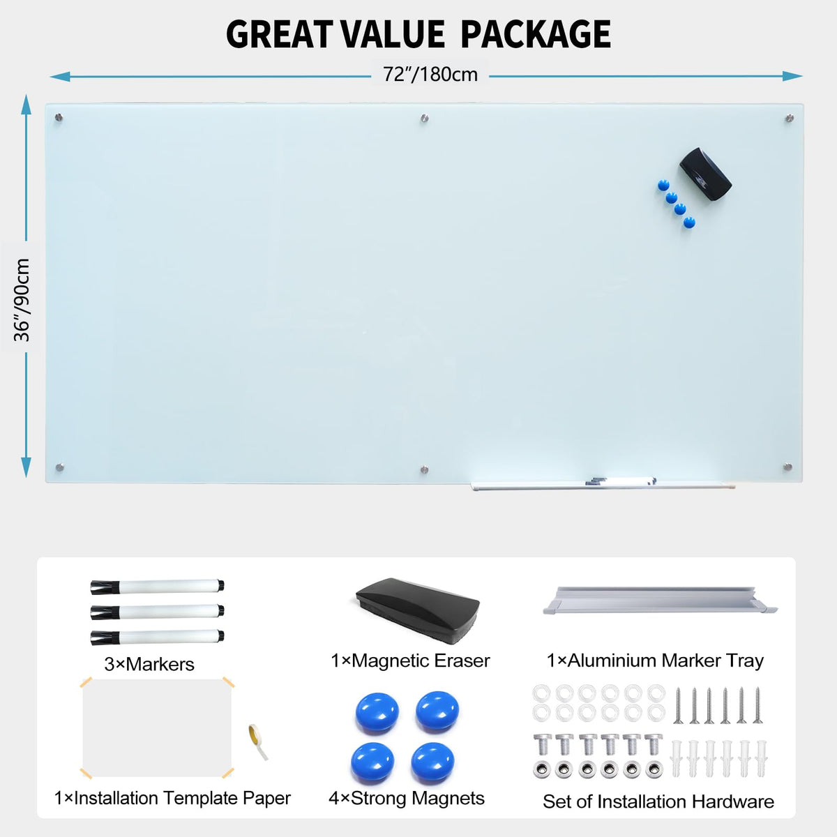 Magnetic Glass Writeboard Tempered Glass Dry Erase Boards Wall Mounted Frameless Whiteboard Bulletin Message Boards (White, 72" Wx36 H)