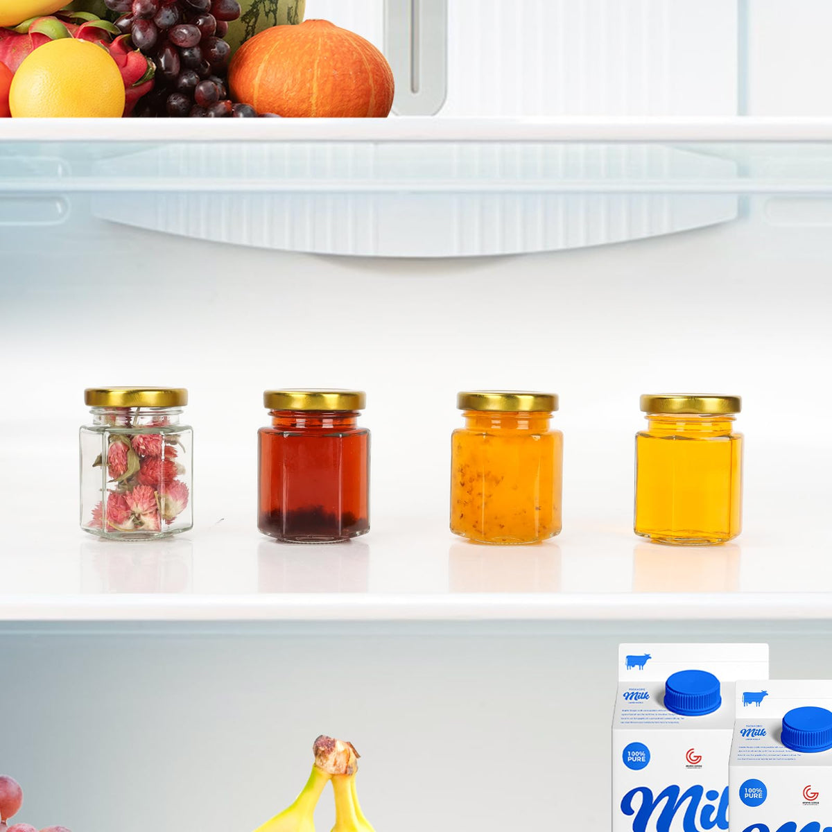 Keketin 3 oz Honey Jars,30 Pack Hexagonal Glass Jars with Gold Lids,90ml Small Canning Jar Mini Storage Glass Jars for Jams,Fruits,Spices,Nuts,Jellies,Baby Foods