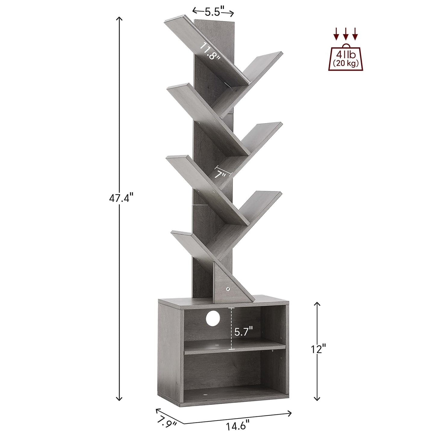 SUNMORY 6 Tier Tree Bookshelf, Tall Bookcase with Storage Cabinet, Modern Narrow Bookshelves Organizer, Floor Standing Book Shelf for Bedroom/Living Room/Home Office/Corner, Grey