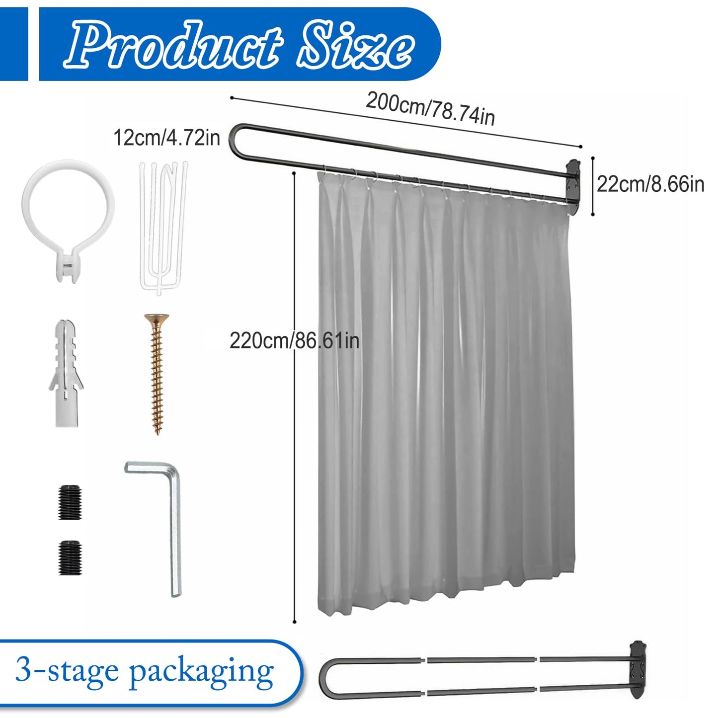jvsufuik Privacy Partition Curtains, Wall Mounted Privacy Room Divider with Flat Hook U-Shape Hospital Curtains for Fitting Room Beauty Salon Bedroom Hospital(Grey,7.2ft)