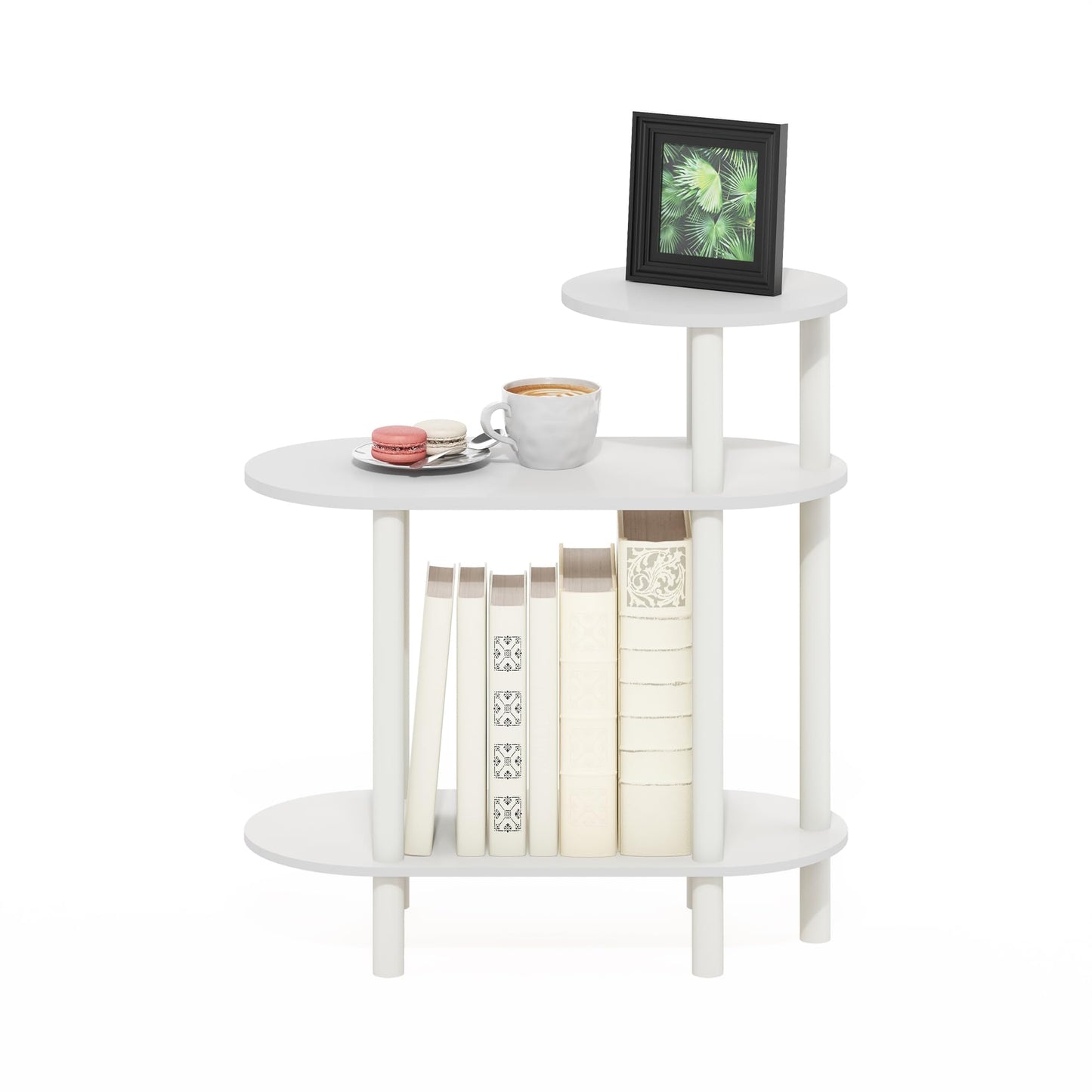 Furinno Turn-N-Tube Side Table, 3-Tier Oval Sofa End Table with Open Shelf, Toolless Assembly Night Stand, Bedside Table, for Living Room, Bedroom, White