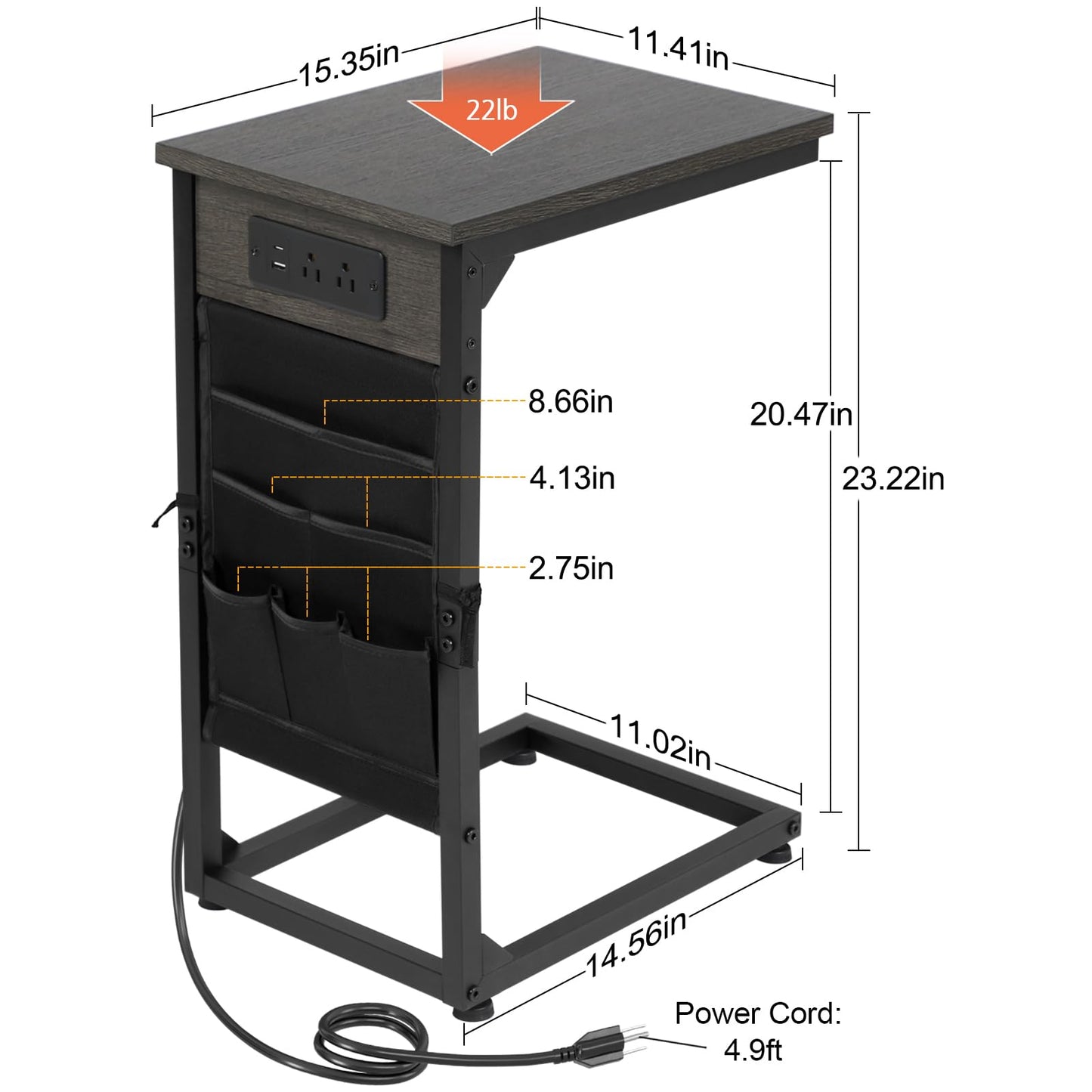 AMHANCIBLE C Shaped End Table with Charging Station, Couch Side Tables that Slide Under Sofa with Storage Bag, Slim TV Tray with USB Ports for Living Room, Bedroom, Dark Grey HET04CDG