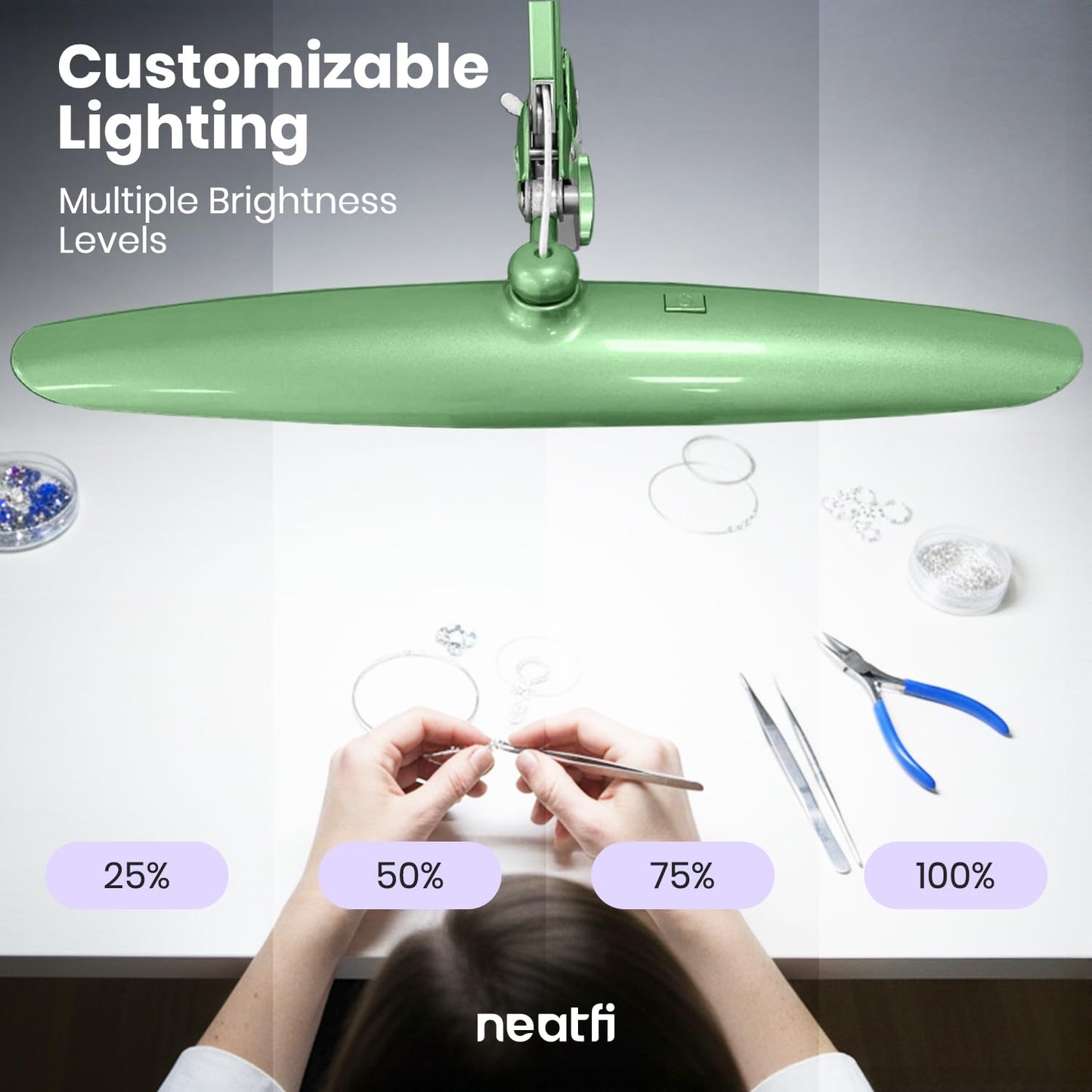 Neatfi XL 2200 Lumens 24W LED Desk Lamp – Shadow-Free Task Lighting | 4-Level Dimming | Home Office & Crafts Use | 20-Inch Wide Head (Midnight Green, Non-CCT with Clamp)