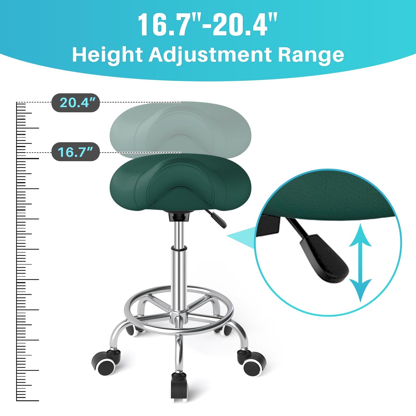 YEEZEE Saddle Stool Ergonomic- Comfortable Rolling Saddle Stool with Wide Thick Saddle Seat Padding, Swivel Adjustable Saddle Chair with Wheels and Ring Pedal for Medical Massage Salon (Green)