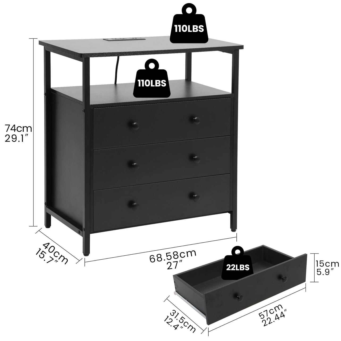 Edbuosy 3 Wooden Drawers Night Stand, 27 Inch Wide Nightstand with Charging Station and Adjustable Drawers, Small Dresser for Closet, Bedside Table for Living Room/Bedroom/Office, Black.