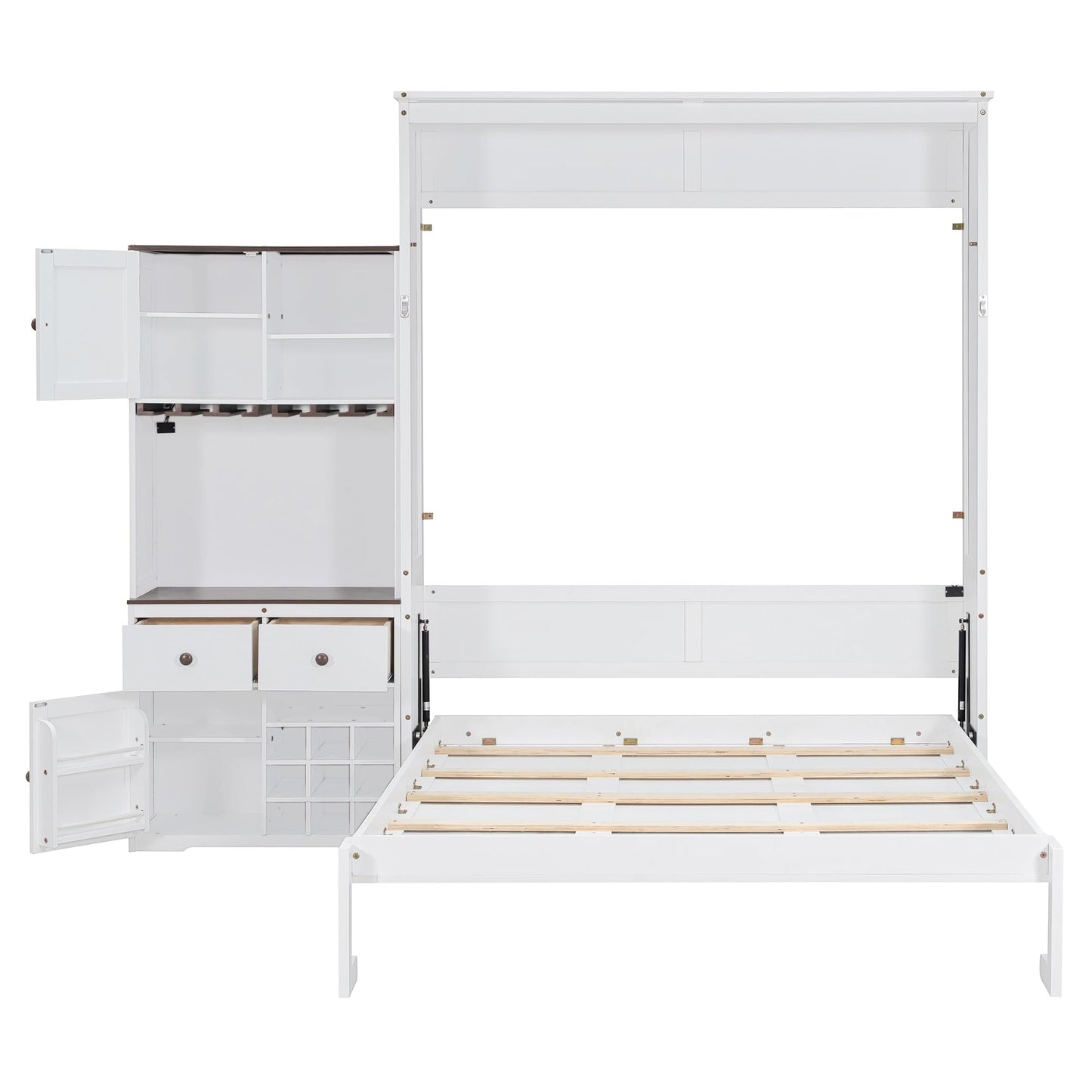 Filtome Queen Size Murphy Bed with Storage Cabinet, Wine Rack, Glass Holder, Drawers and Multi-Color Led Strip, White