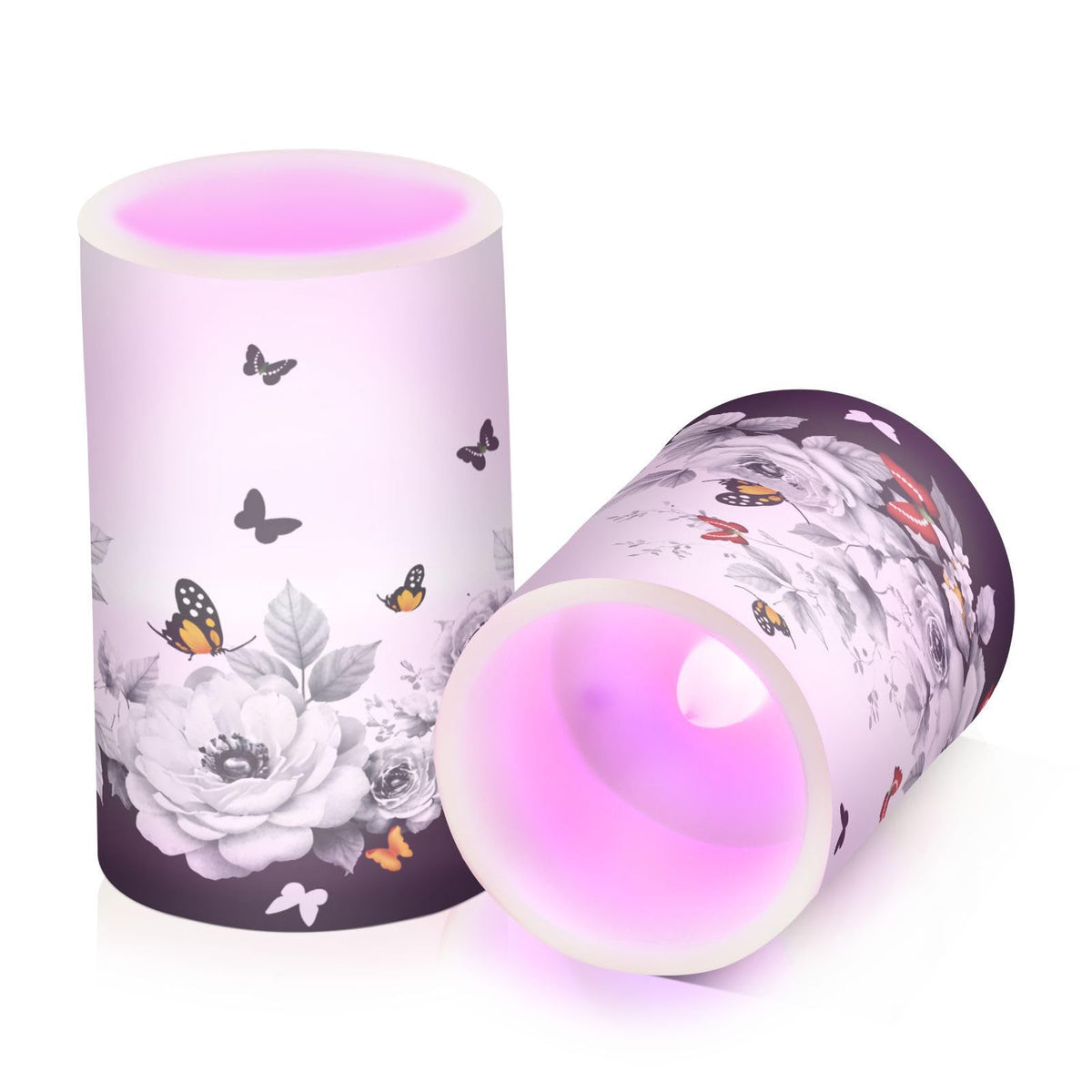 ALAZA Oriental Butterfly Cherry Blossom Flowers Flickering Flameless Candles Battery Operated with Remote Timer,Tea Light Candles LED Pillar Votive Candles Set of 2 for Outdoor Indoor Decorations
