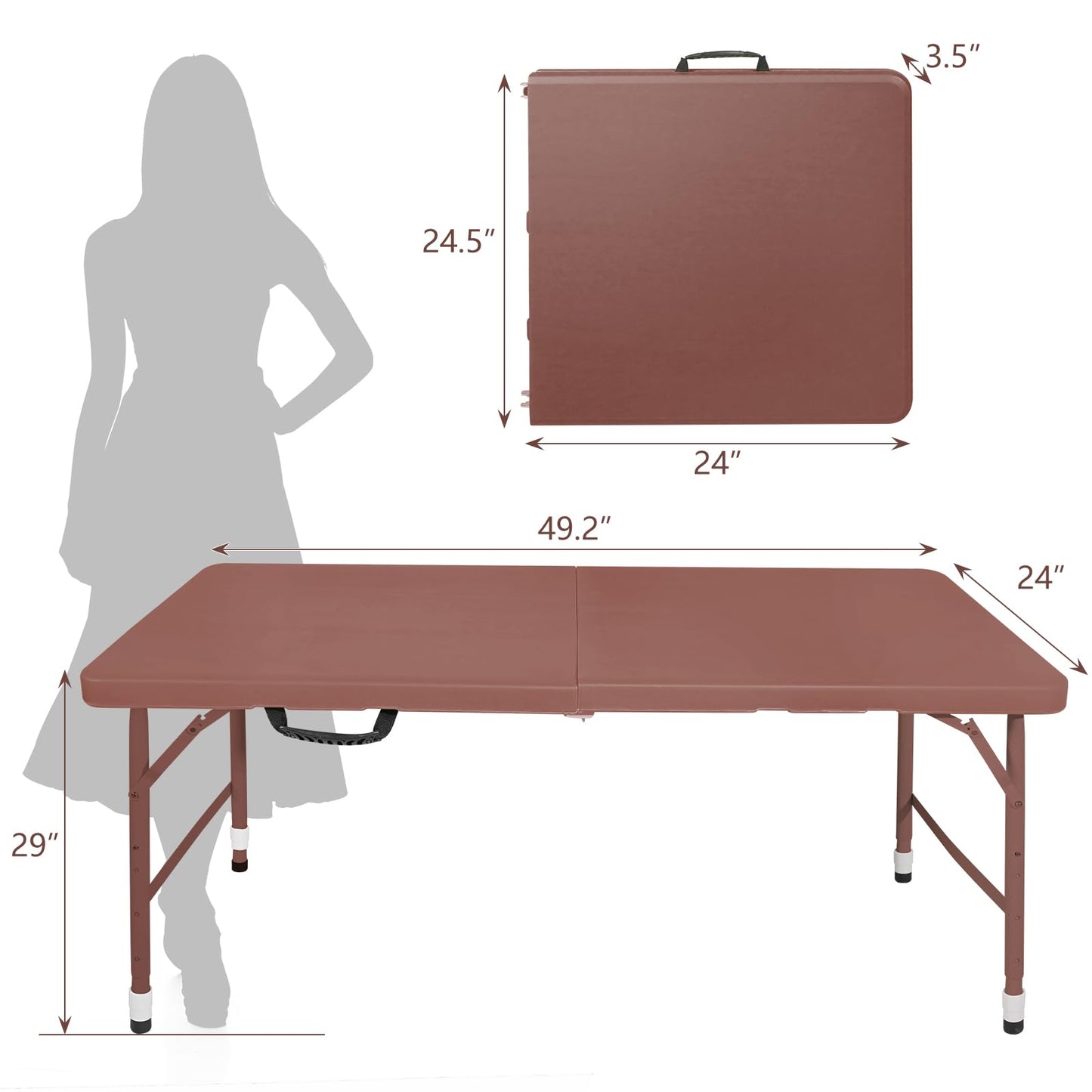 SculPong 4 FT Folding Table with Carry Handle, Portable Fold-in-Half Plastic Table, Rectangle Foldable Table for Indoor/Outdoor Brown