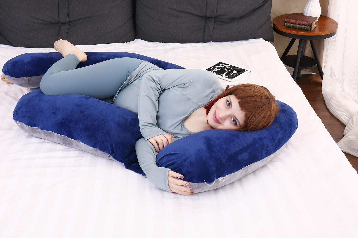 MOON PINE 60 Inch Pregnancy Pillow, Detachable U Shaped Full Body Pillow, Nursing and Maternity Pillow for Back, Hips, Legs and Belly Support for Pregnant Women with Removable Cover (Blue Grey)