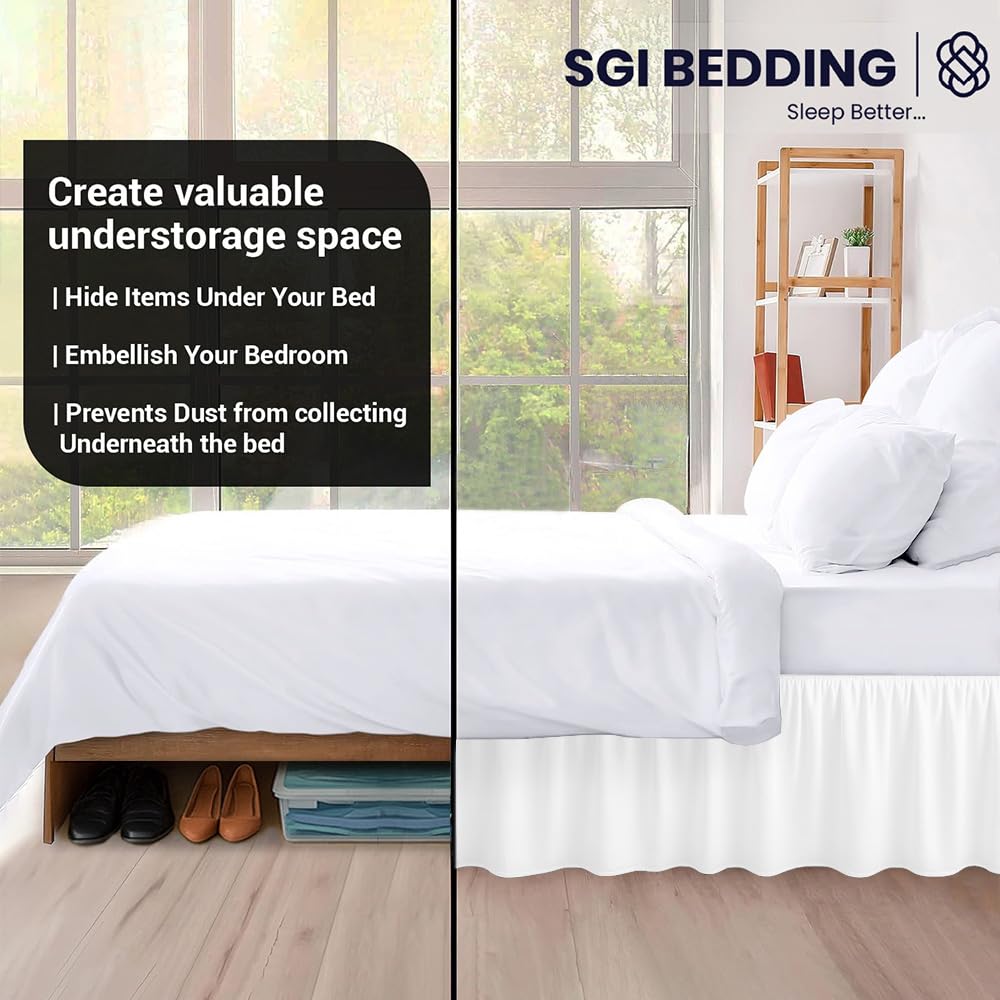 SGI Bedding 16 Inch Drop Ruffled Bed Skirt Cal King Size - Classic Gathered Styling, Platform Style Dust Ruffle with Secure Fit, Split Corners, Wrinkle-Resistant Microfiber - White