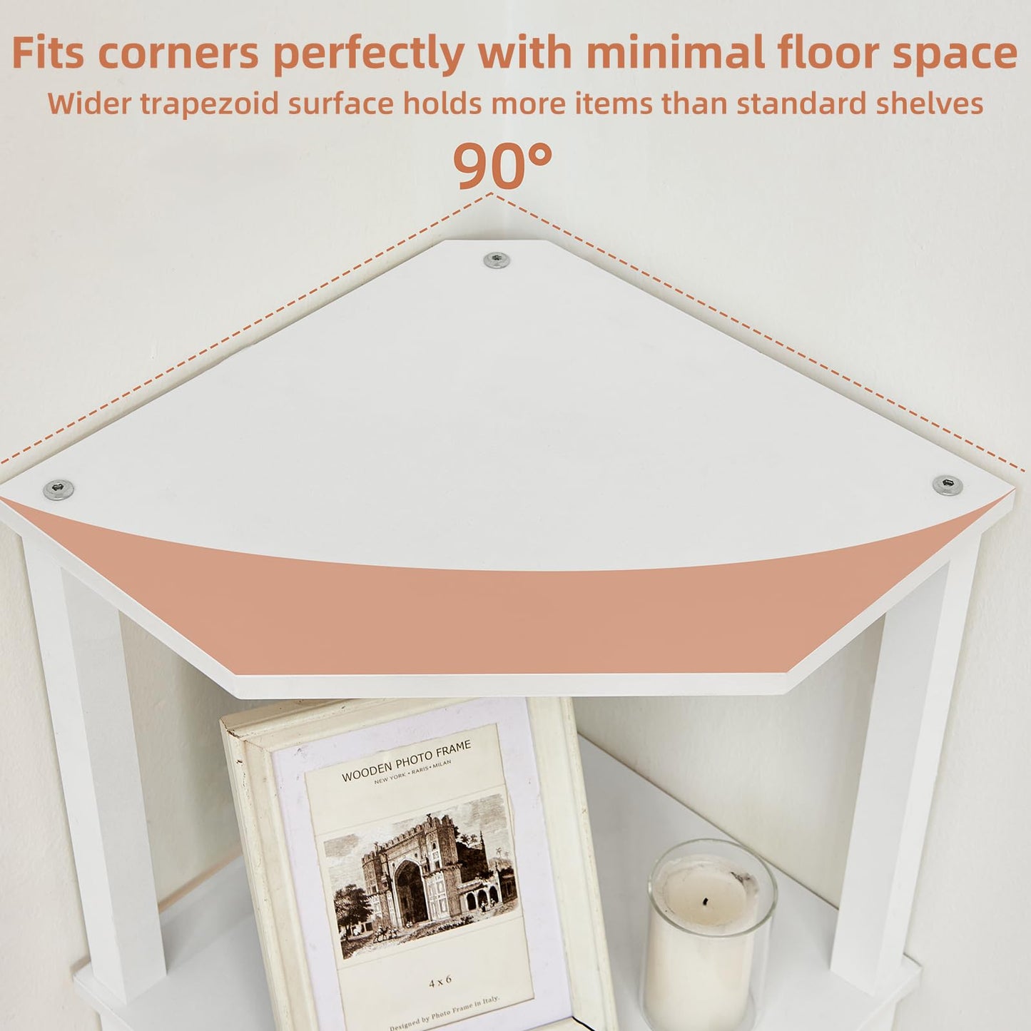 YUFAM 4-Tier Corner Shelf with Sturdy 5-Leg Base, Wooden Corner Bookshelf for Small Spaces, Corner Standing Shelf for Living Room, Bedroom, Office, White