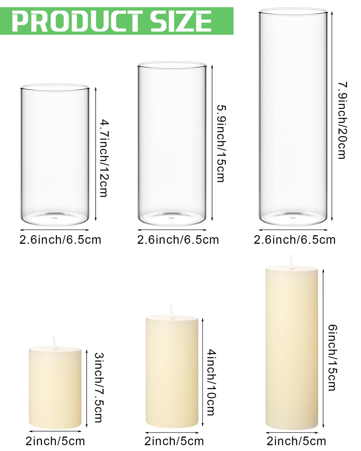Shihanee Set of 12 Pillar Candles and Glass Cylinder Vases Clear Cylinder CandleHolders for Slim Pillar Candles Wedding Centerpieces(2.6''x 4.7'', 5.9'', 7.9'',Ivory White)