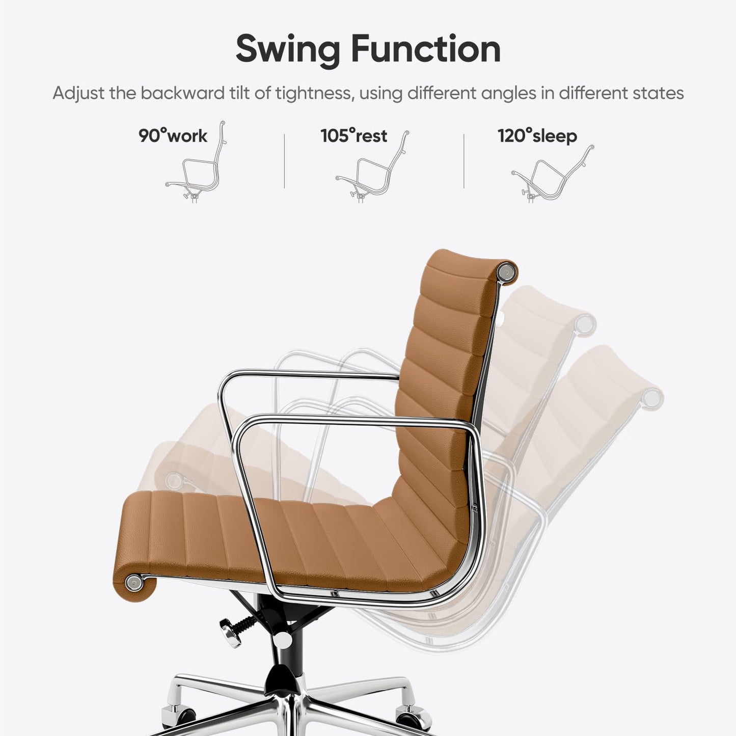 OTDMEL Ribbed Office Chair with Top Grain Leather - Mid Back Ergonomic Desk Chair with Aluminum Arms & Frame, Swivel Wheels & Tilt Function, Adjustable Height Light Brown, Mid-Back