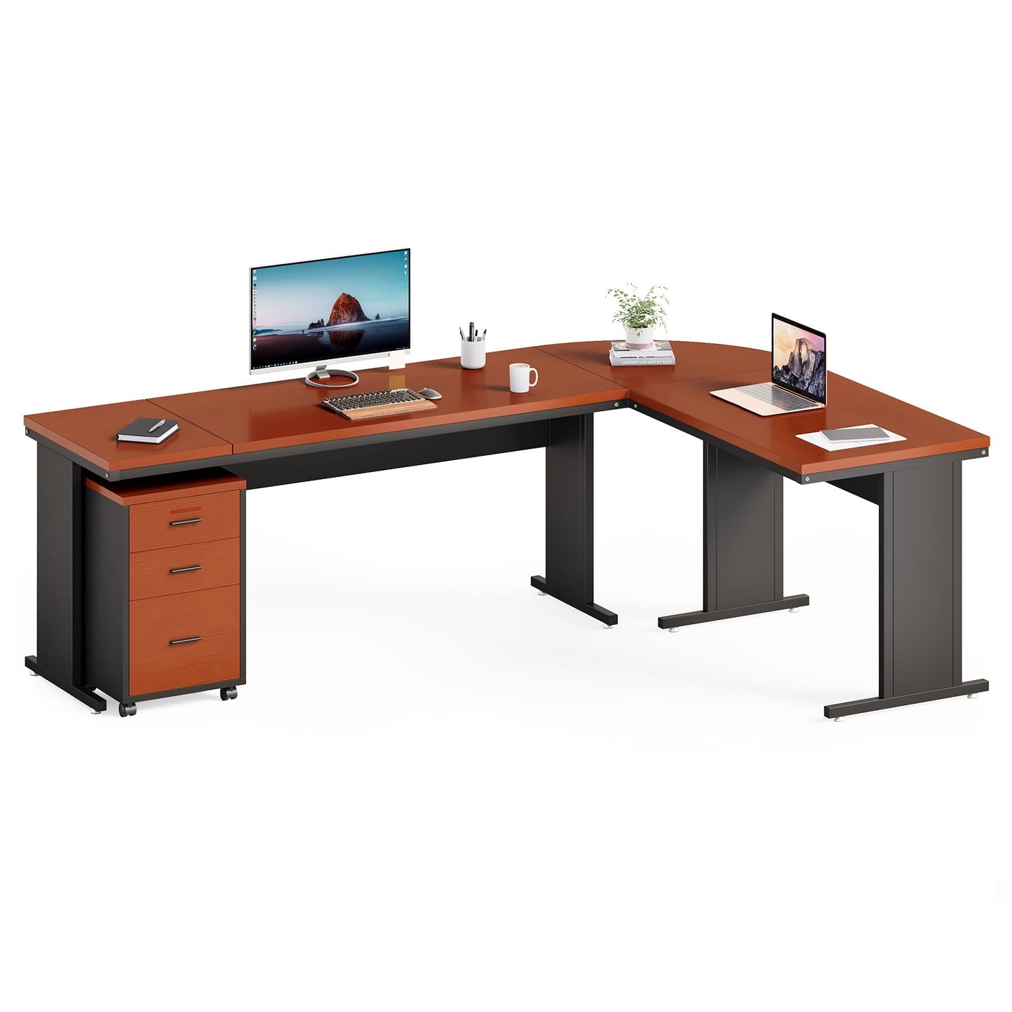 LITTLE TREE 82.67" Long Executive Desk with Drawers, Large L-Shaped Office Desk with Mobile File Cabinet, Farmhouse Computer Office Furniture Workstation with Storage for Home Office, Red Brown