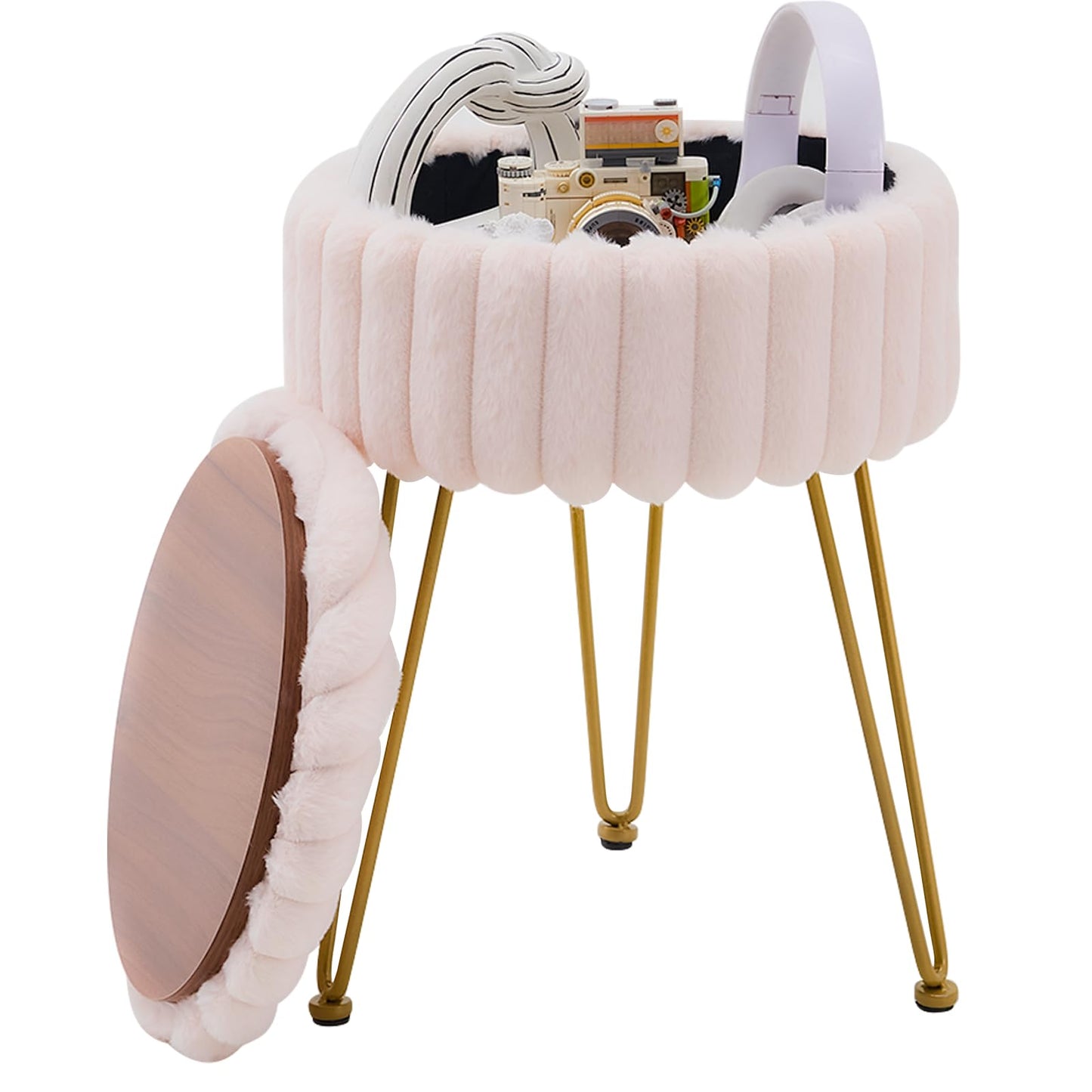 Wimarsbon Vanity Stool with Storage, Faux Fur Ottoman Chair with Metal Legs, Round Makeup Vanity Chair for Bedroom or Dressing Table, Modern Small Ottoman Seat (Champagne-1)