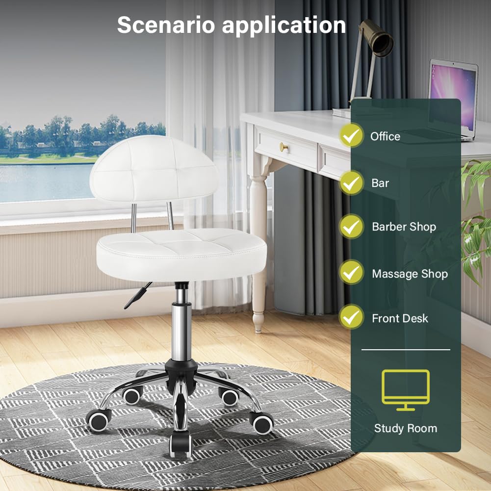 BFTOU Square Minimalist Swivel Stool with Wheel for Work SPA Shop Massage Height-Adjustable and Cost-Effective Rolling Stool Chair with Back White