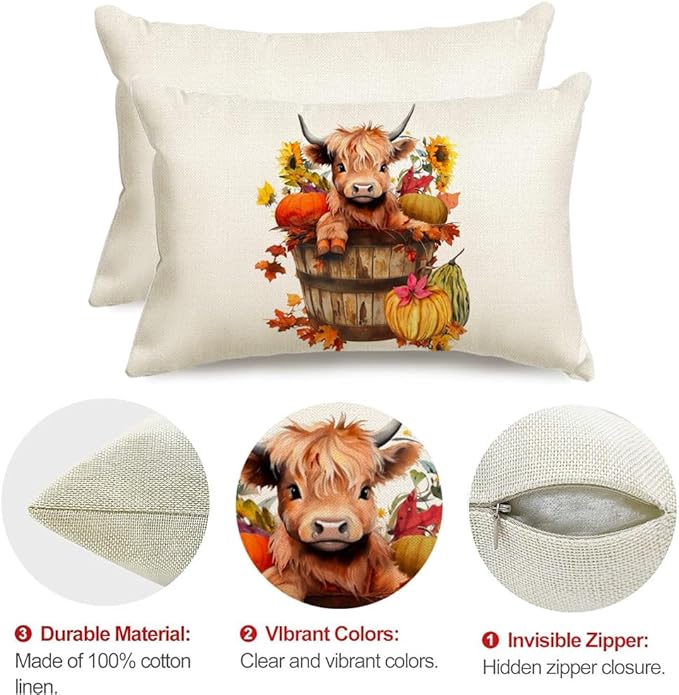 RABUSOFA Fall Decor Pillow Covers 12x20 Inch Lumbar Highland Cow Autumn Fall