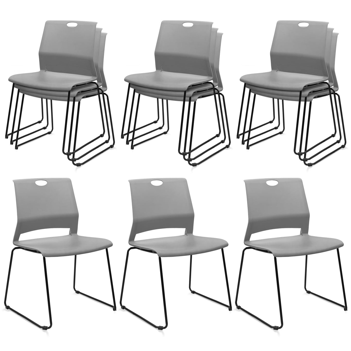 KLASIKA Stackable Guest Reception Chairs, Stacking Office Chair with Ergonomic Lumbar Support & Metal Legs, Plastic Desk Chairs for Conference School Church Waiting Meeting Break Room Set of 12, Gray