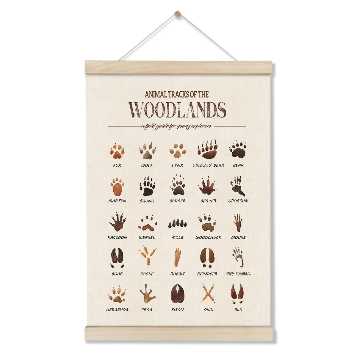DOI-LANEE Woodland Tracks Poster Hanger Frame, Canvas Artwork Woodland Nursery, Jungle Nursery Decor, Animal Tracks Field Guide Sign, Forest Wall Art, Boy Wall Decor
