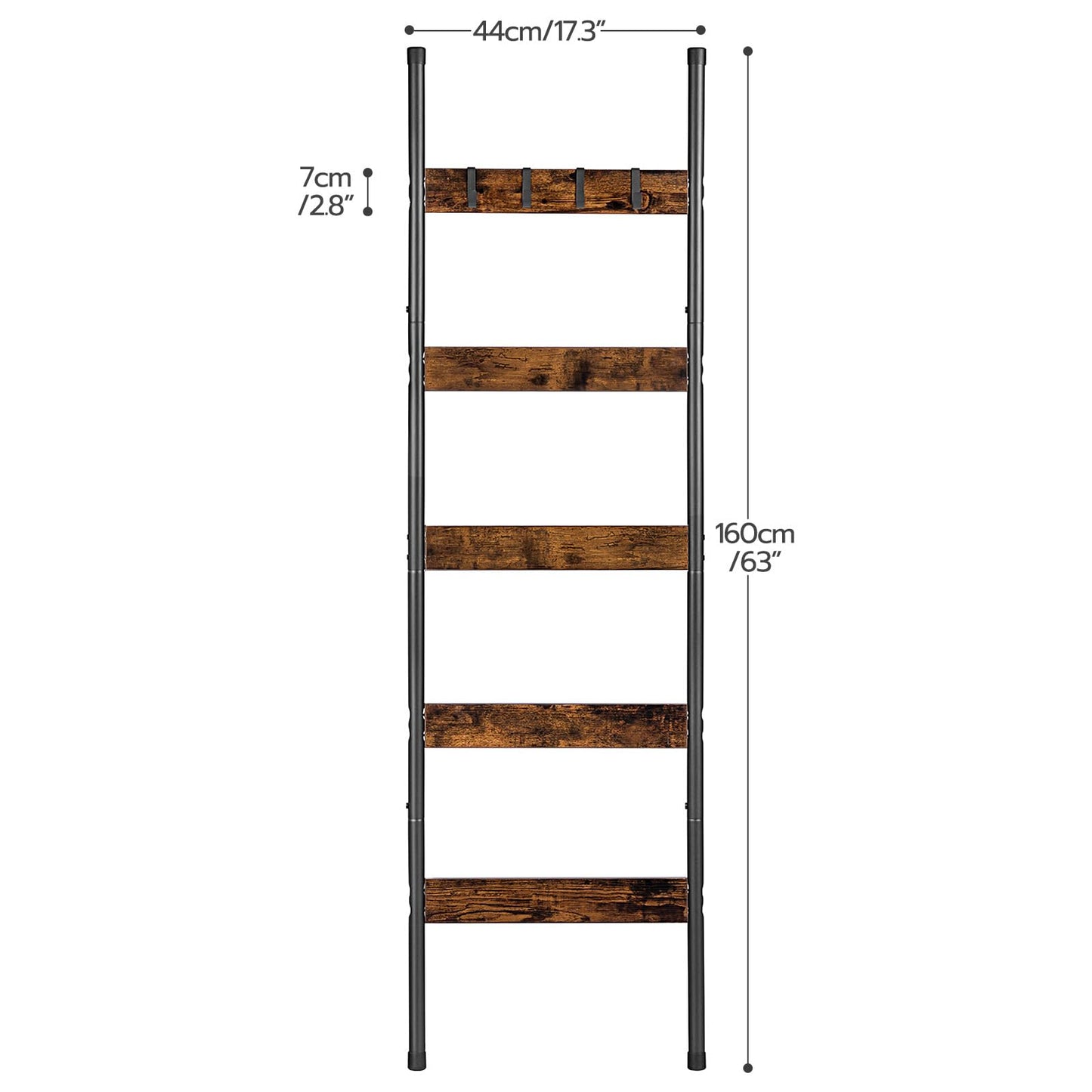 HOOBRO Blanket Ladder, 5-Tier Towel Rack with Hooks, Wall-Leaning Blanket Rack, Decorative Display Ladder Shelf, for Scarves, Industrial, Living Room, Bedroom, Rustic Brown and Black BF52CJ01