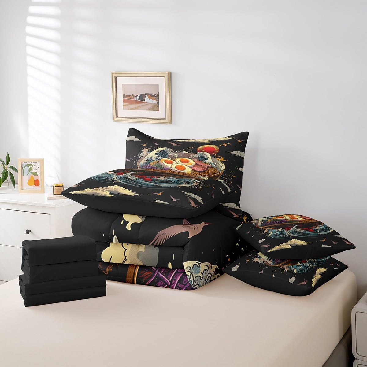 Erosebridal Ramen Noodle Queen Bedding Set,Japanese Ocean Waves Bed Set 7 Piece Funny Food Gifts for Ramen Lovers,Japanese Crane Comforter Set with Fitted+Flat Sheet,Pillowcases,Throw Pillow Covers