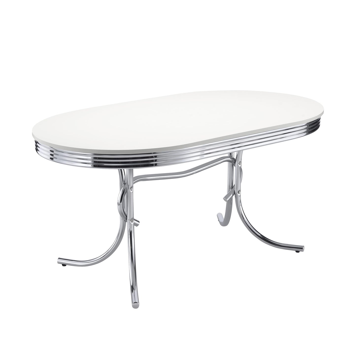 Coaster Home Furnishings Retro 1950s Soda Fountain Diner Oval Dining Room Table White Laminate Top Sturdy Steel Chrome Base 2065