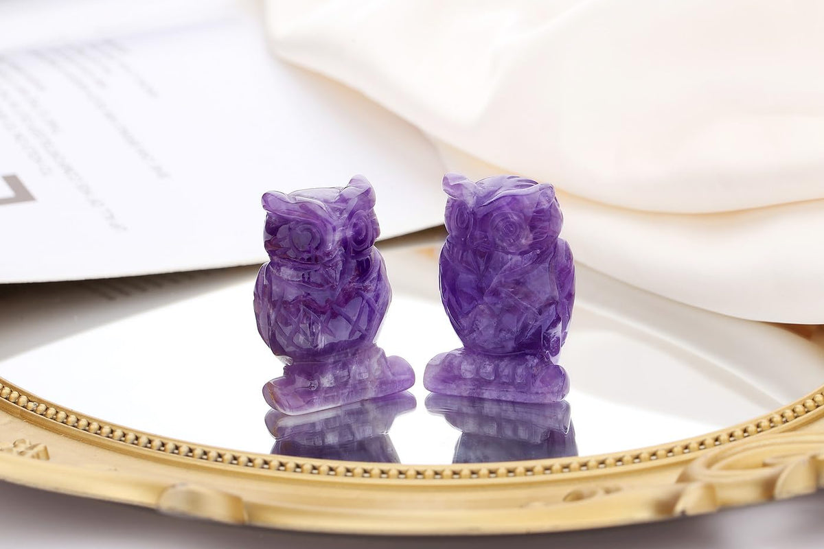 QINJIEJIE Bundle of Amethyst Crystal Tree and Owl Decor Stone Figurines Natural Reiki Gemstone Tree Life Stone Base Copper Wire Office Desk Room Feng Shui Home Decor Gifts
