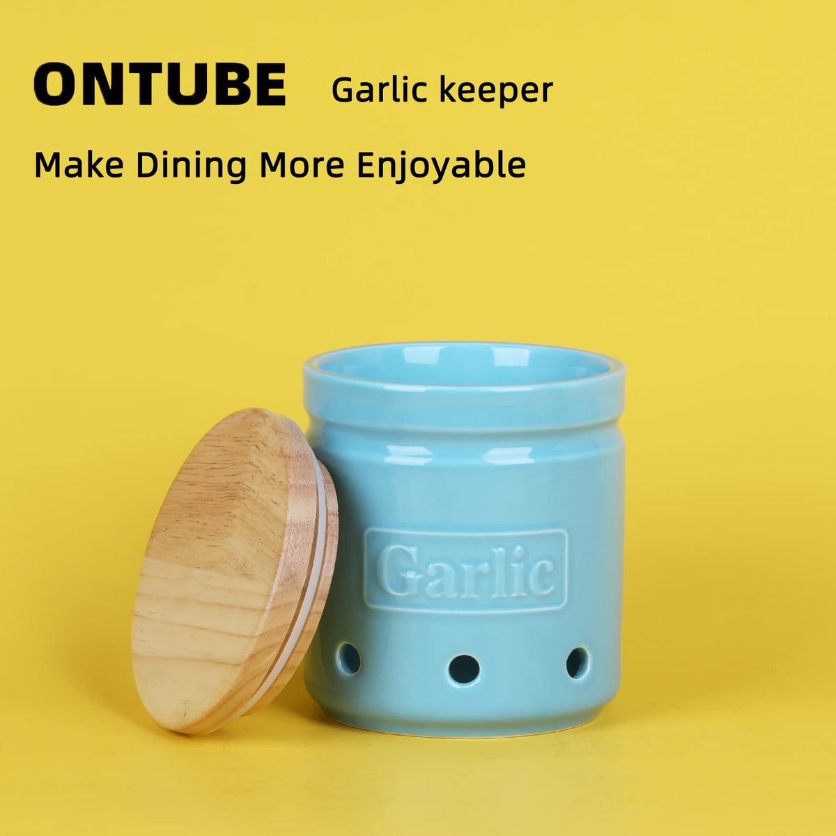 ONTUBE Garlic Keeper with Wooden Lid, 4.5-Inch Ceramic Garlic Holder 24oz (Turquoise)