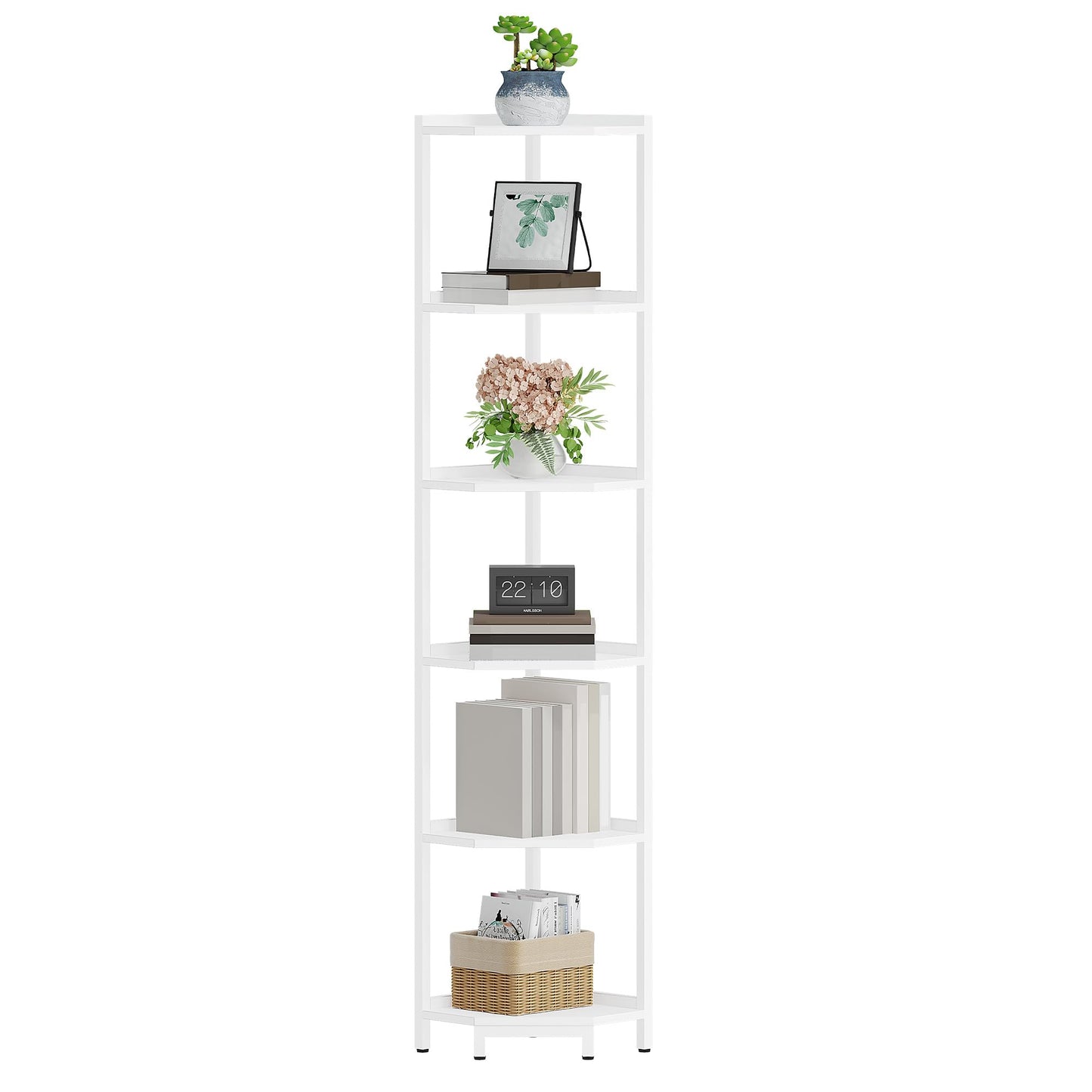 Hzuaneri Corner Shelf Stand, Corner Bookshelf, Storage Standing Shelf Unit with Metal Frame, Plant Stand, Bookcase for Living Room, Home Office, Bedroom, 6-Tier White CS06013W