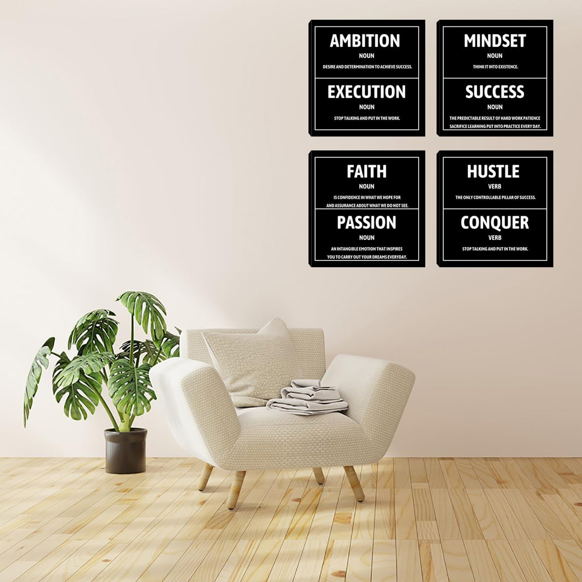 Motivational Office Wall Decor Inspirational Success Canvas Wall Art Hustle Mindset 3 Pieces Posters Prints Wall Picture Artwork Home Living Room Bedroom Framed Ready to Hang - 12"x12"x4PCS