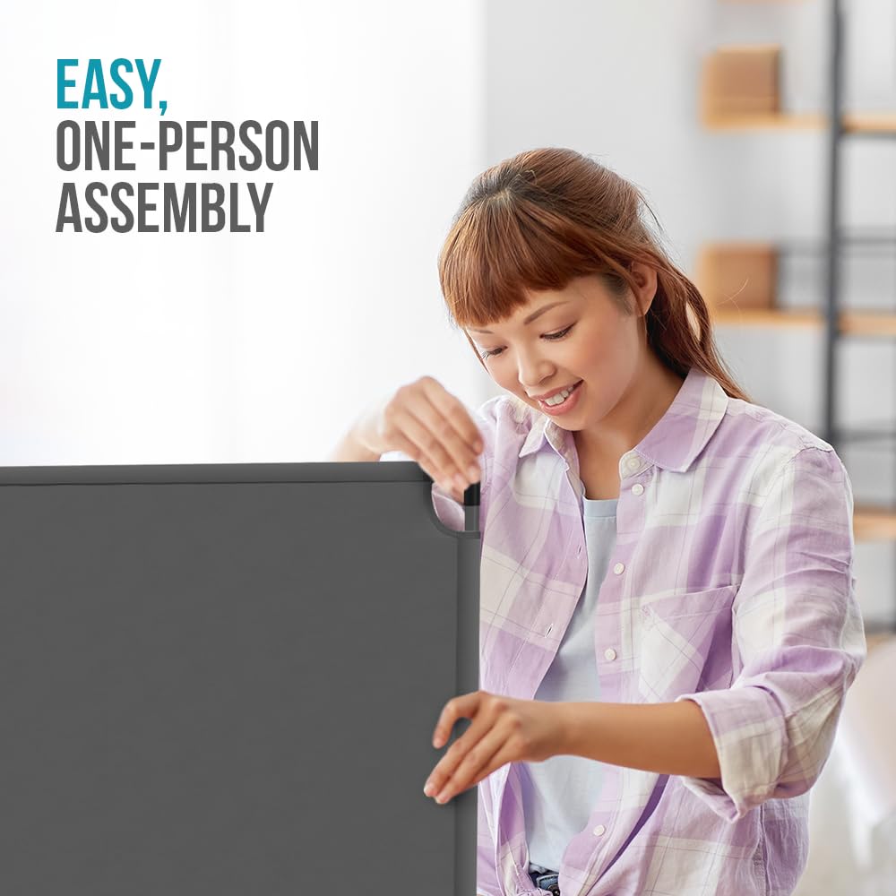 Steel-AID 72-inch Rolling Privacy Room Divider - Freestanding Office Wall Partition with Non See-Through Blackout Screen - Sturdy & Durable Iron Frame - Rolling Wheels - Black, White, Gray & Blue