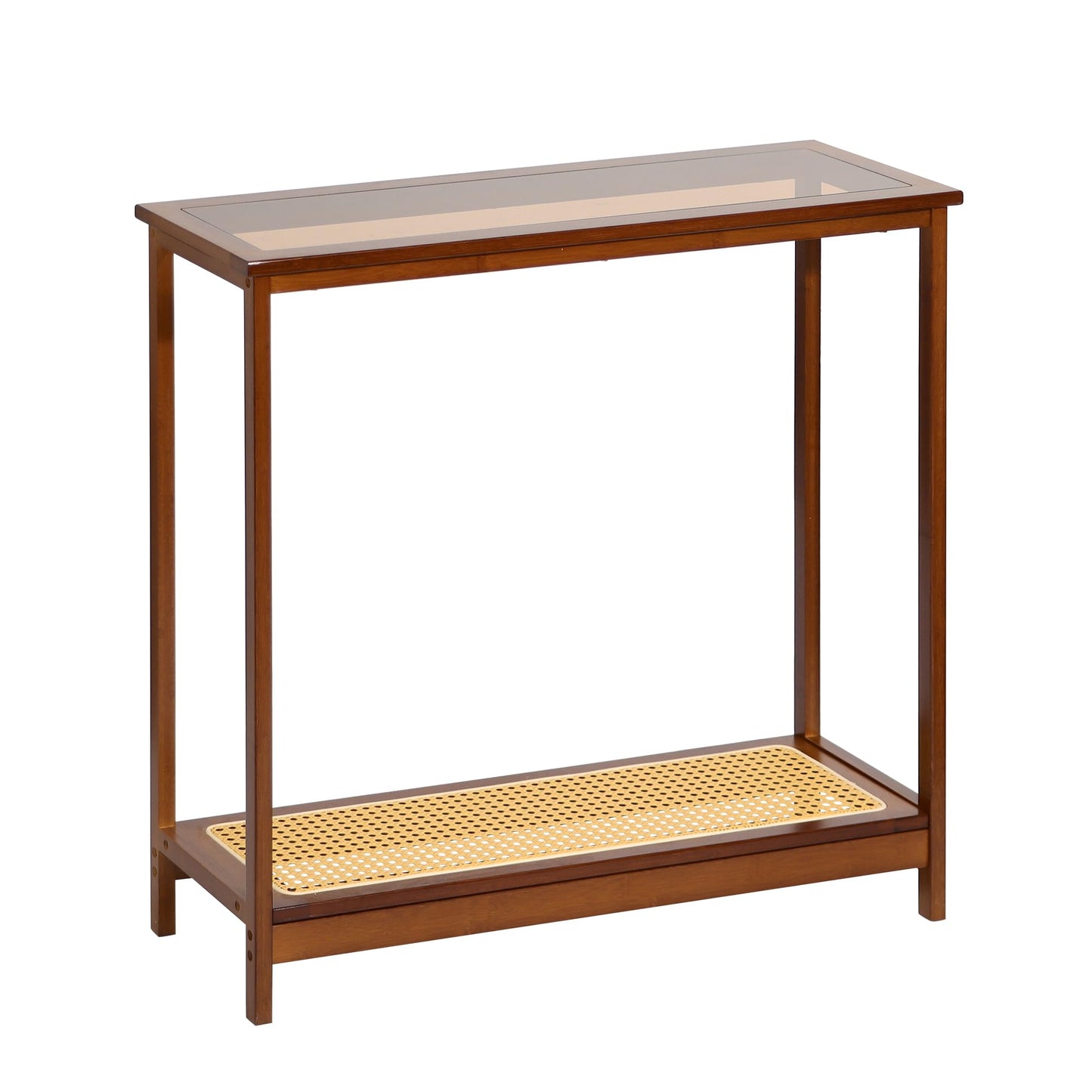 Mordchil HF Bamboo Narrow Console Table, 31.5"(L) Wood Small Entryway Table with Rattan and Glass, Accent Slim Hallway Tables, Thin Sofa Side Tables for Hallway, Living Room, Bedroom, Foyer, Walnut