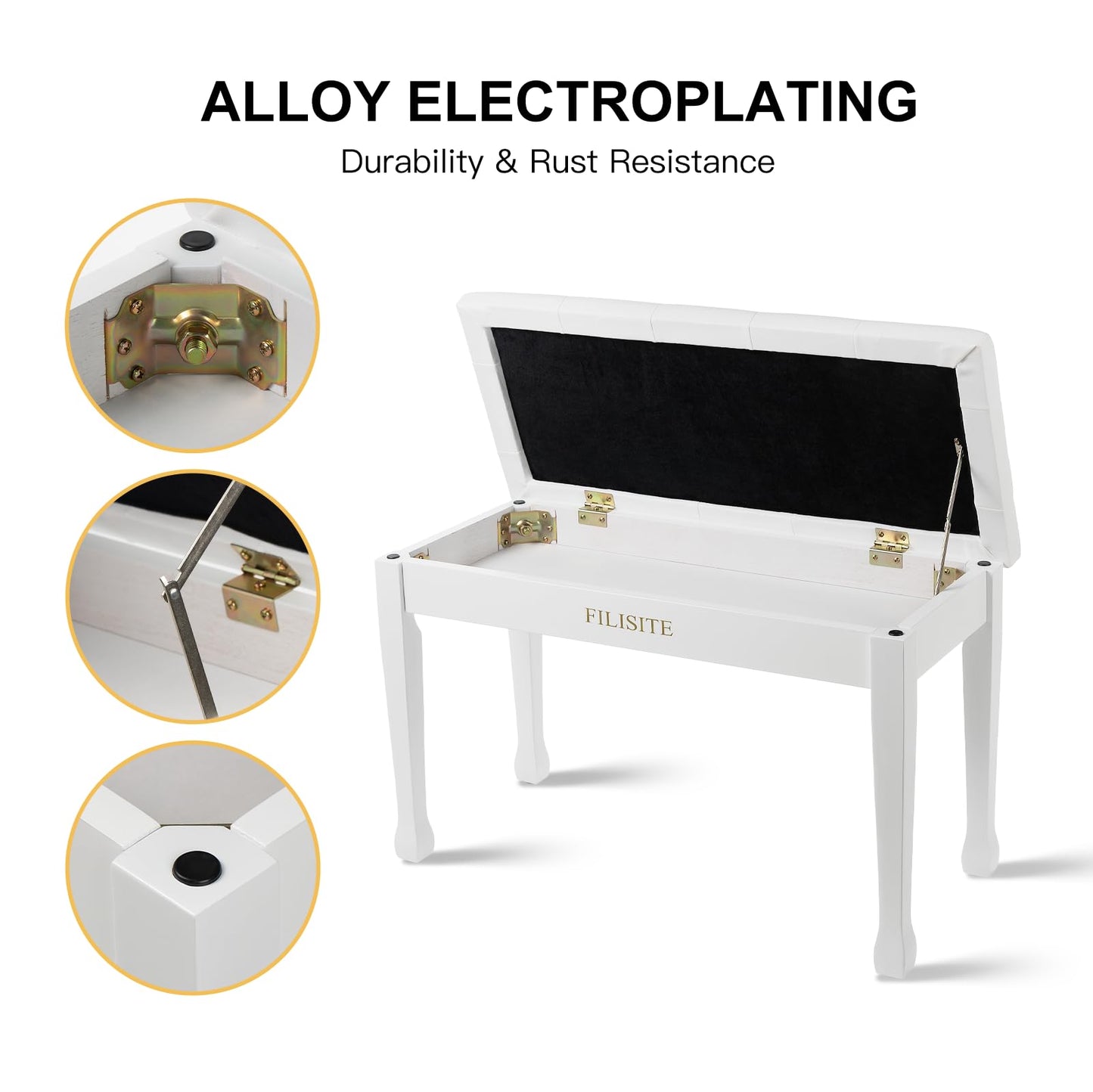 FILISITE Duet Piano Bench with Storage, Wooden Piano Stool with Waterproof Padded Cushion, Bench Seat for Vanity, Living Room, Bedroom (White)