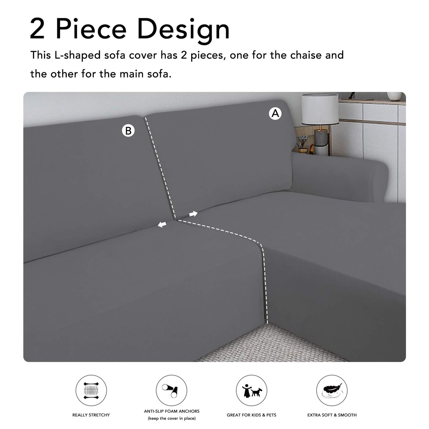 PureFit Super Stretch Sectional Couch Covers - 2 pcs Spandex Non Slip Sofa Covers with Elastic Bottom for L Shape Sectional Sofa Couch, Great for Kids & Pets (3 Seat Sofa + 3 Seat Chaise, Gray)