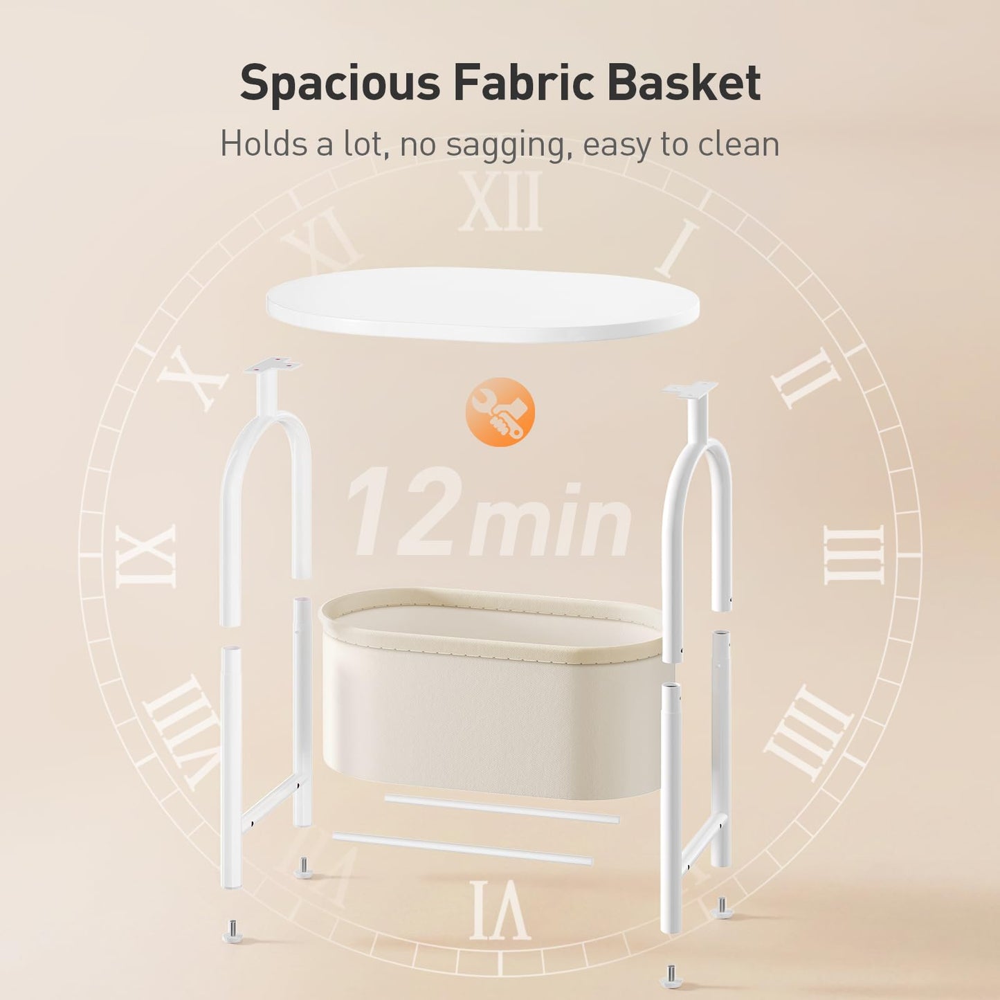 RALGEND Small Round Side Table with Fabric Basket Storage, Oval End Table for Small Spaces, Modern Coffee Bedside Table, Couch Side Table for Living Room, 15.7" X 11.8" X 24", White and Beige 8601BZWT
