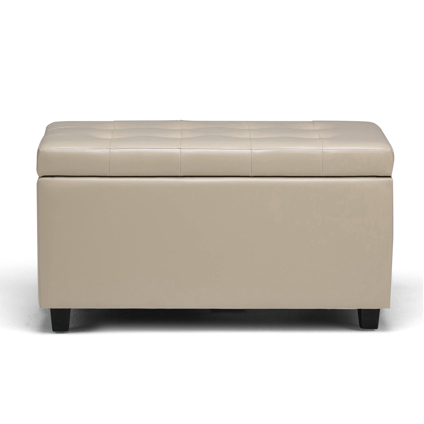 SIMPLIHOME Cosmopolitan Storage Ottoman - 34 inch Wide Upholstered Vegan Leather Rectangle Storage Ottoman Bench in Satin Cream, Transitional Tufted Ottoman for Living Room with Lift-Up Lid