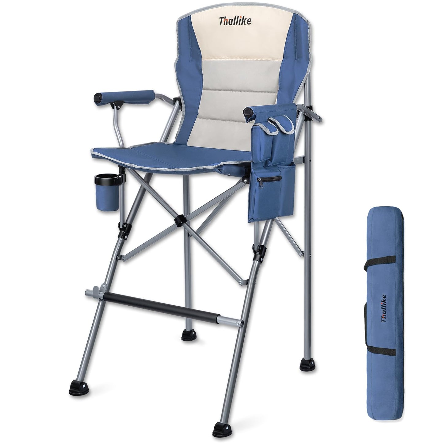 Thallike Foldable Directors Makeup Salon High Chair - Portable Camping Bar Height Folding Photoshoot Chairs with Stroage Bag Cup Holder Non-Slip Footrest, Supports 400 lbs Blue Tall Director Chair