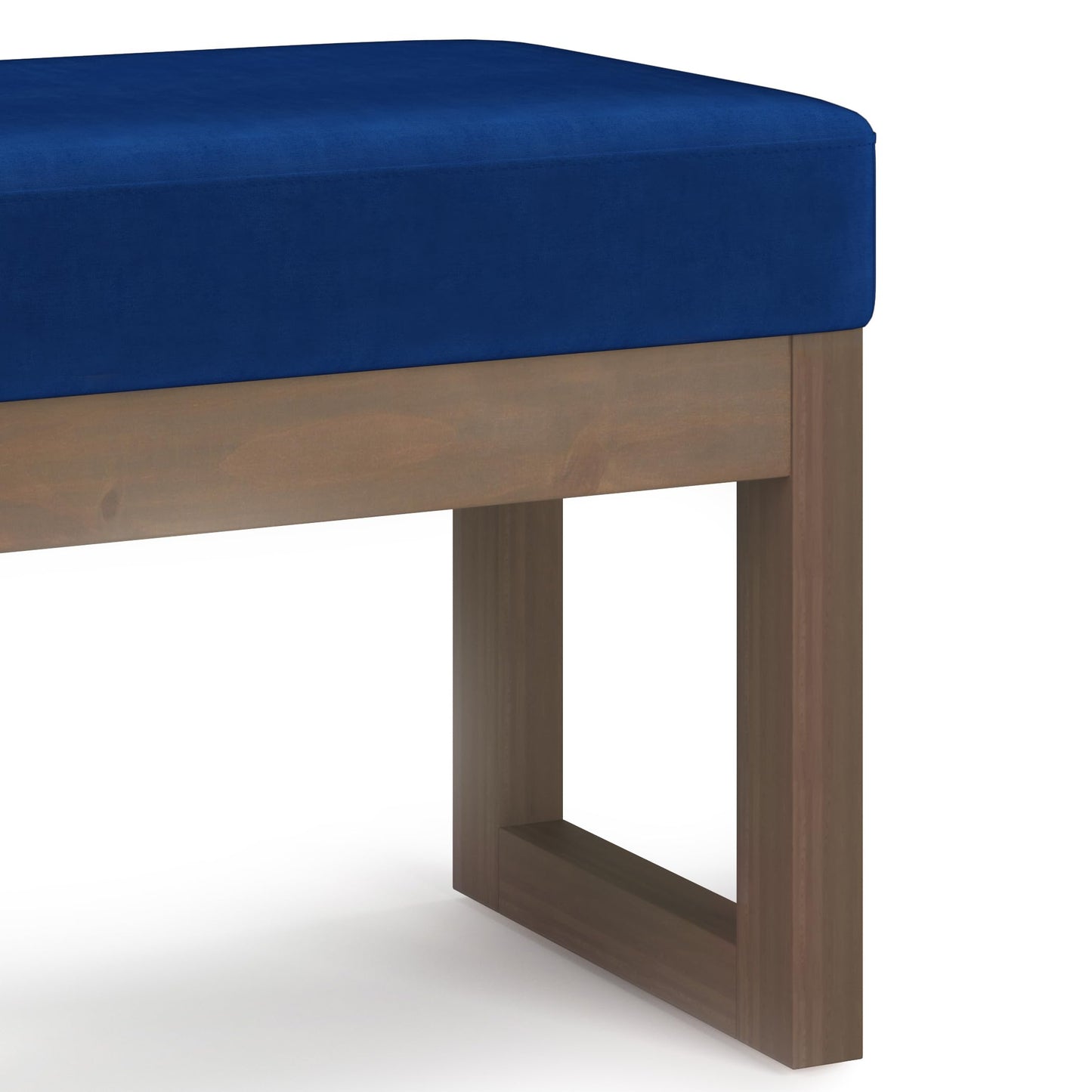SIMPLIHOME Milltown Small Ottoman Bench - 27" Wide x 18" High Upholstered Velvet Fabric Rectangle Footstool Ottoman in Blue, Contemporary Bench for Bedroom with Cushioned Seat, Assembled