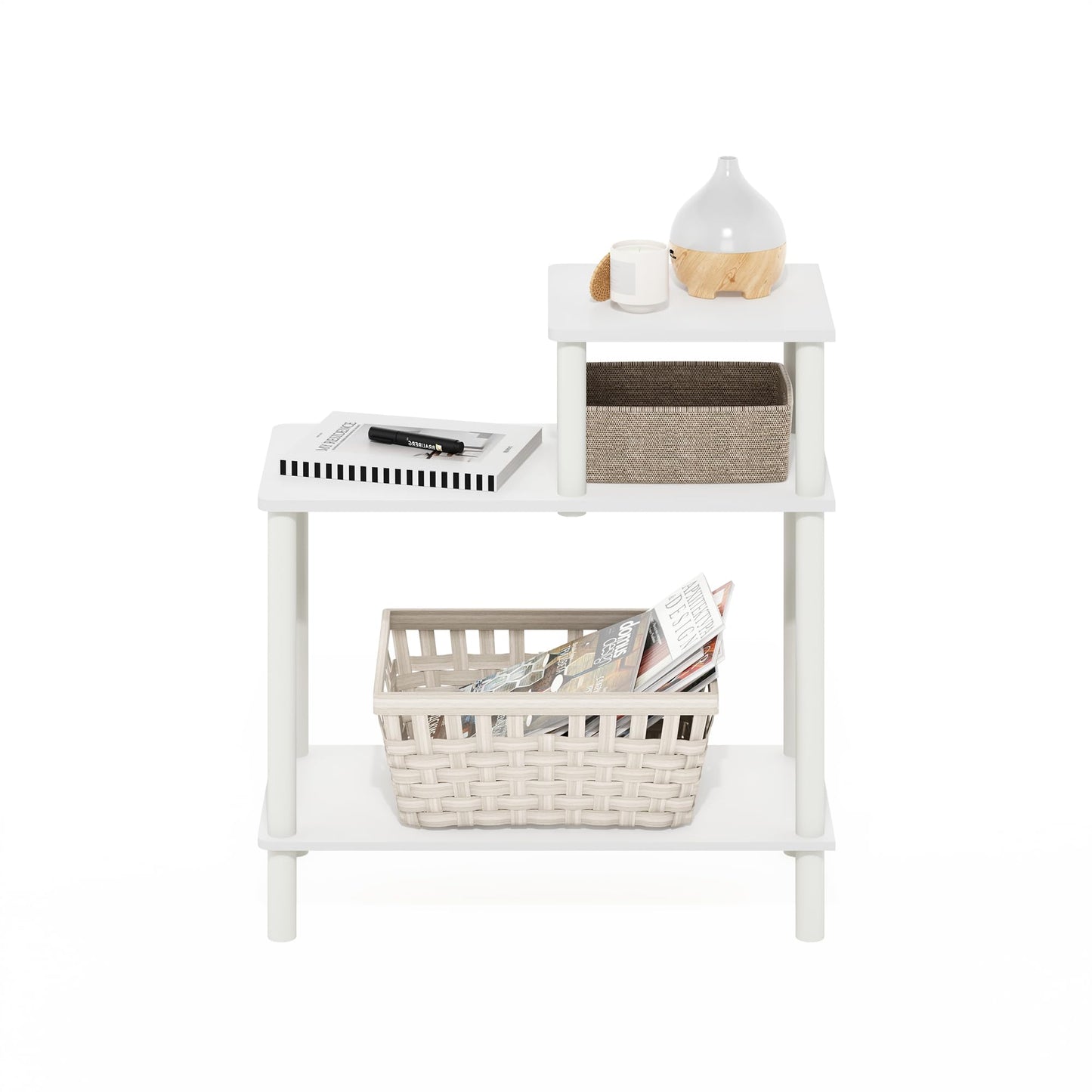 Furinno Turn-N-Tube Side Table, 3-Tier Rectangle Sofa End Table with Open Shelf, Toolless Assembly Night Stand, Bedside Table, for Living Room, Bedroom, White