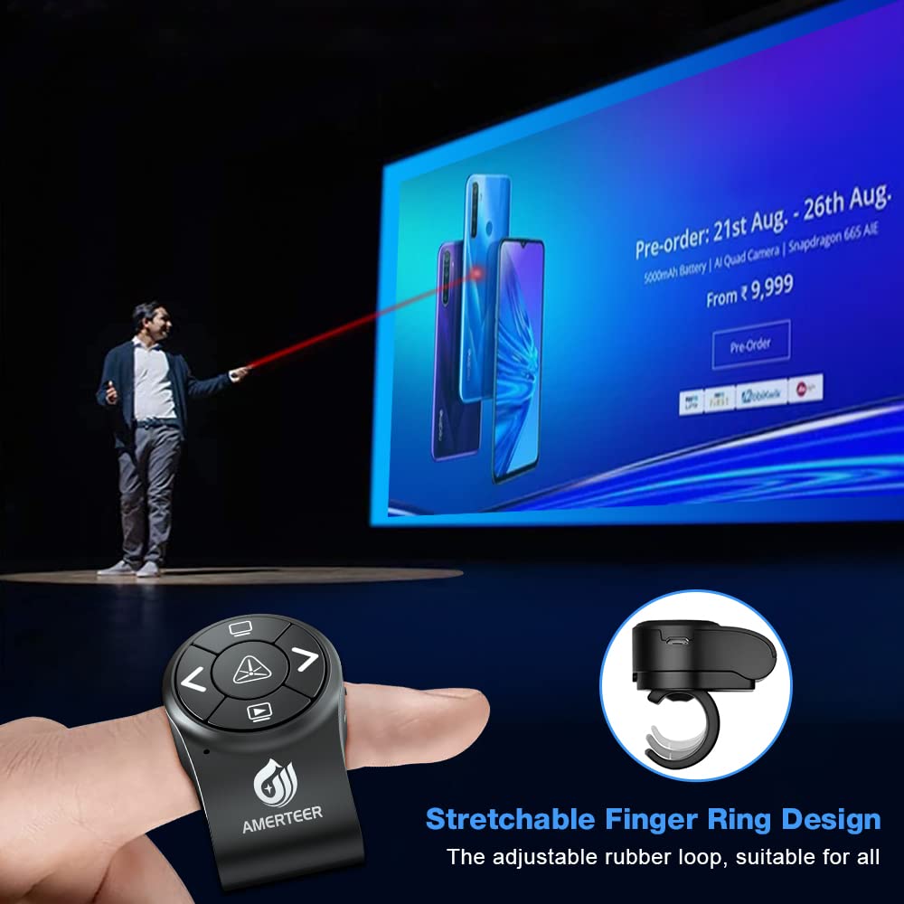 AMERTEER Wireless Presentation clicker for PowerPoint Presentations, RF 2.4GHz Finger Ring Remote, PPT Slides Clicker Pen Rechargeable
